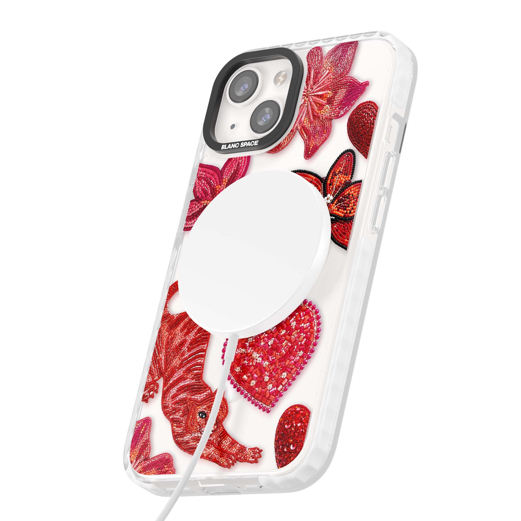Beaded Boho floral iPhone case featuring beaded red lilies, a stitched tiger, and pearl-encrusted hearts on clear | Impact Magsafe case for iPhone 13, iPhone 14, iPhone 15