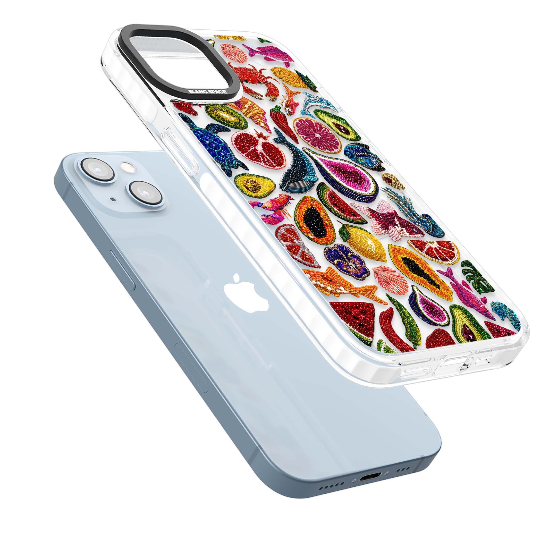 Beaded Tropic tropical iPhone case featuring beaded fruit, fish, crabs and seashells in vibrant colour | Impact Magsafe case for iPhone 13, iPhone 14, iPhone 15