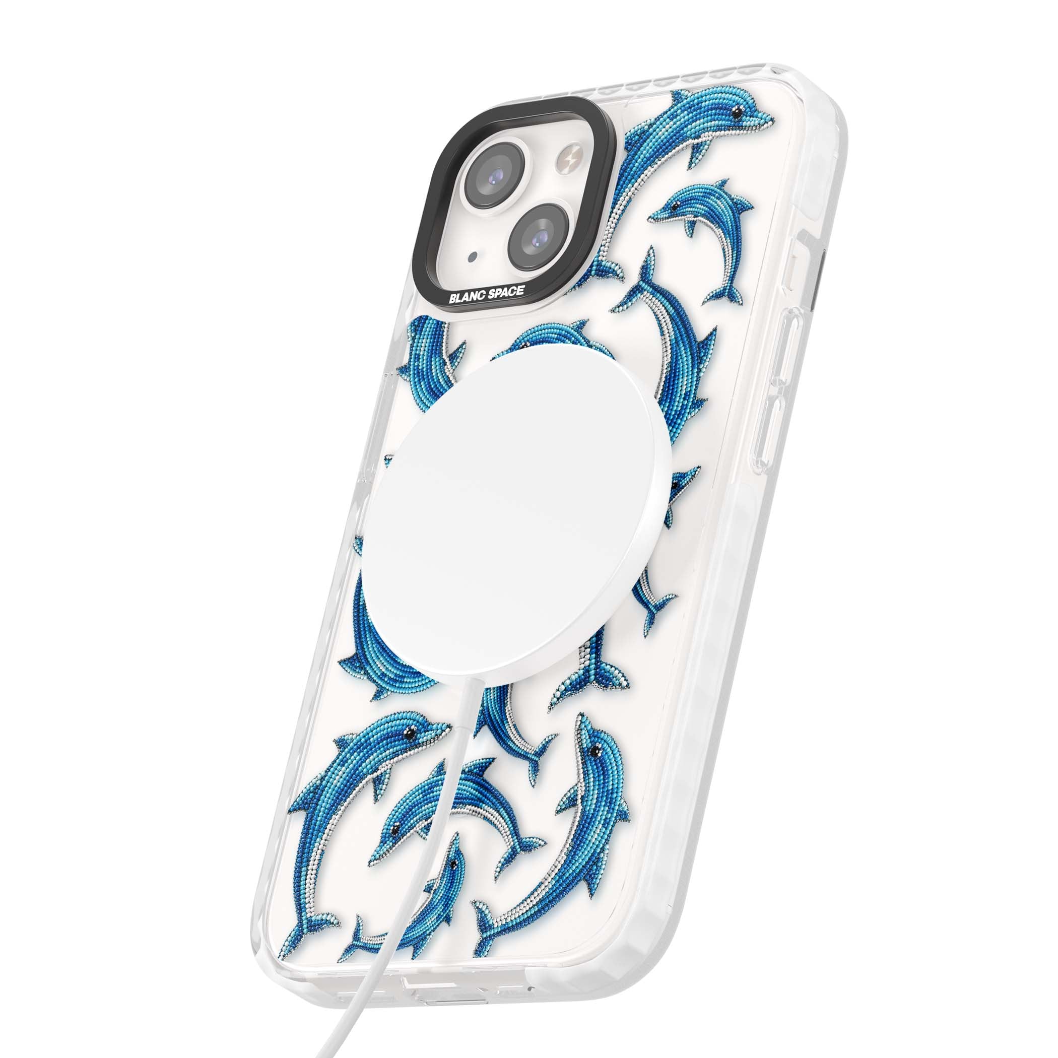Beaded Dolphins coastal iPhone case featuring beaded dolphins in blue and white swimming across a clear background | Impact Magsafe case for iPhone 13, iPhone 14, iPhone 15