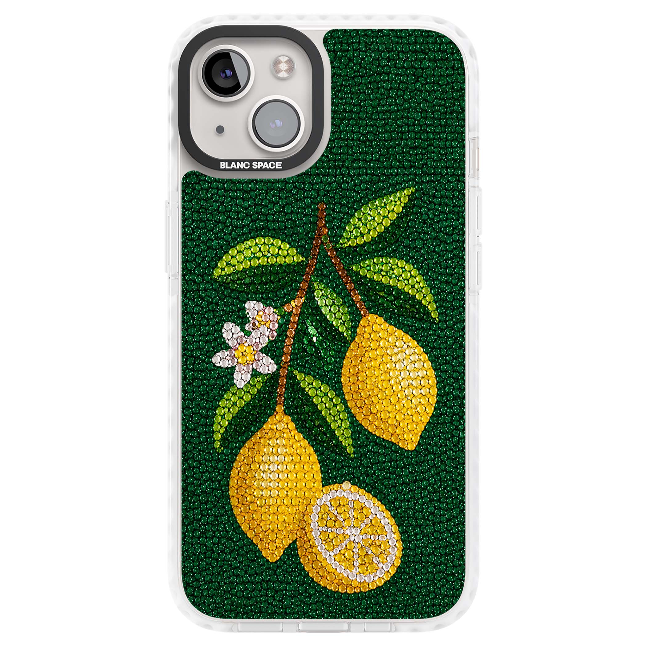 Beaded Lemons coastal iPhone case featuring crystal-beaded lemons, citrus blossom and green leaves on emerald ground | Impact Magsafe case for iPhone 13, iPhone 14, iPhone 15
