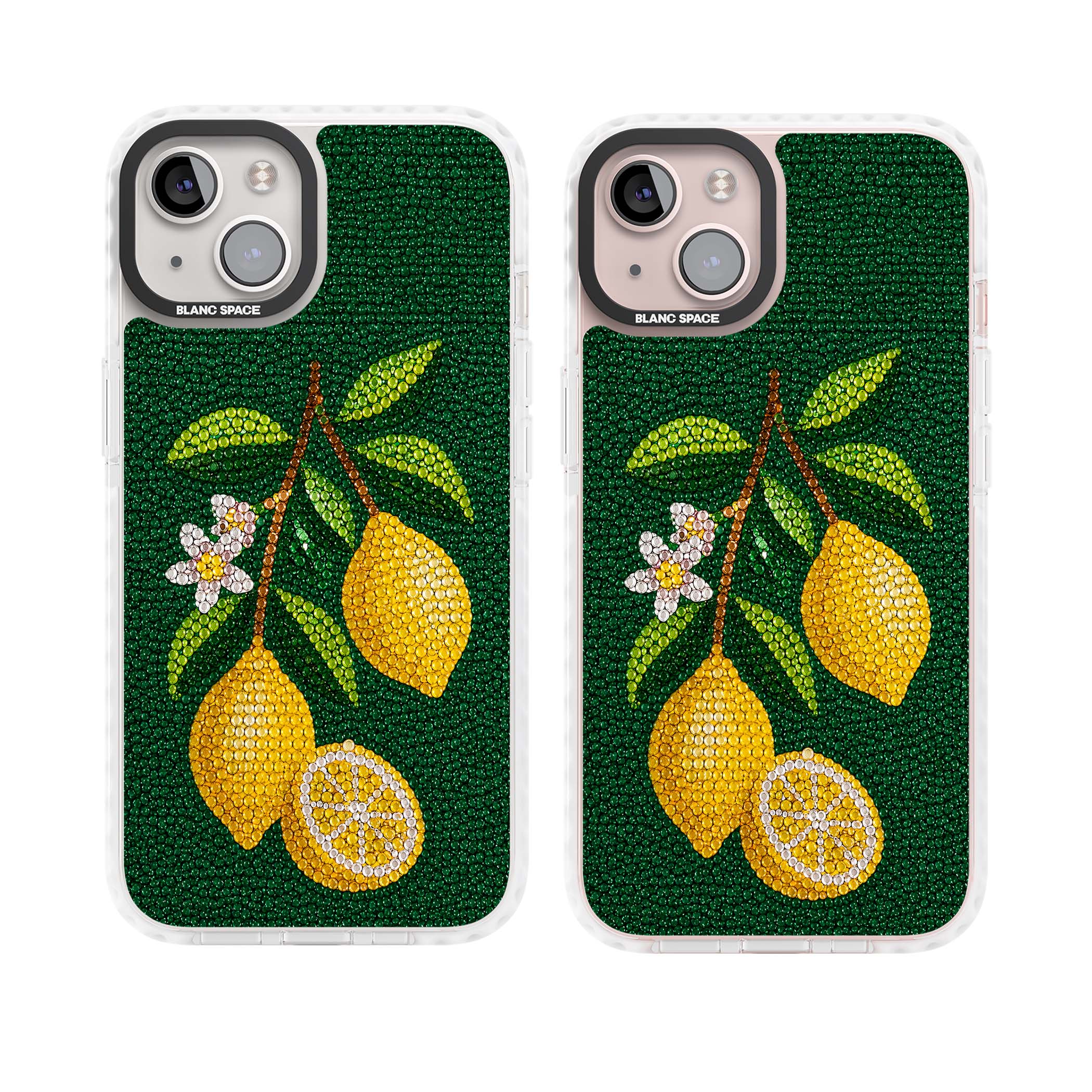 Beaded Lemons coastal iPhone case featuring crystal-beaded lemons, citrus blossom and green leaves on emerald ground | Impact Magsafe case for iPhone 13, iPhone 14, iPhone 15