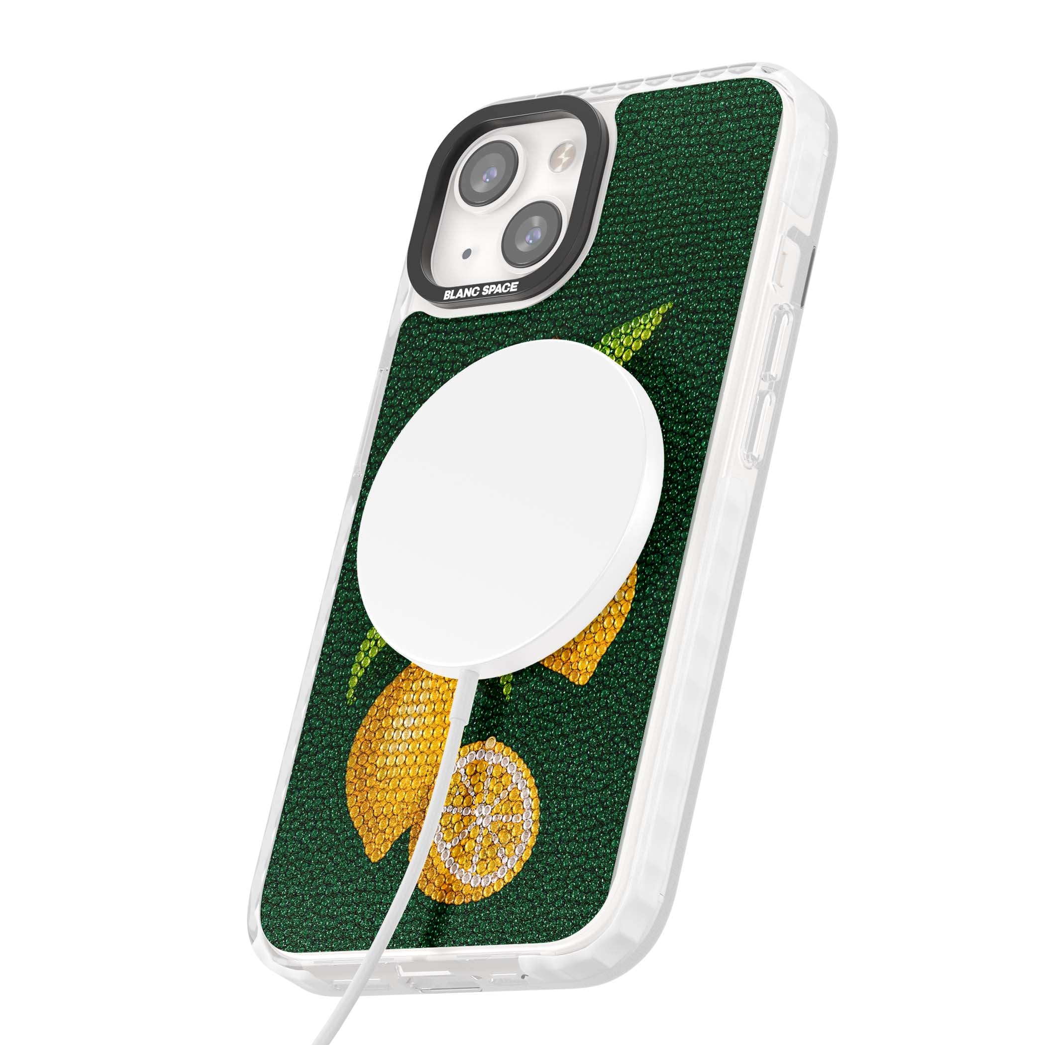 Beaded Lemons coastal iPhone case featuring crystal-beaded lemons, citrus blossom and green leaves on emerald ground | Impact Magsafe case for iPhone 13, iPhone 14, iPhone 15