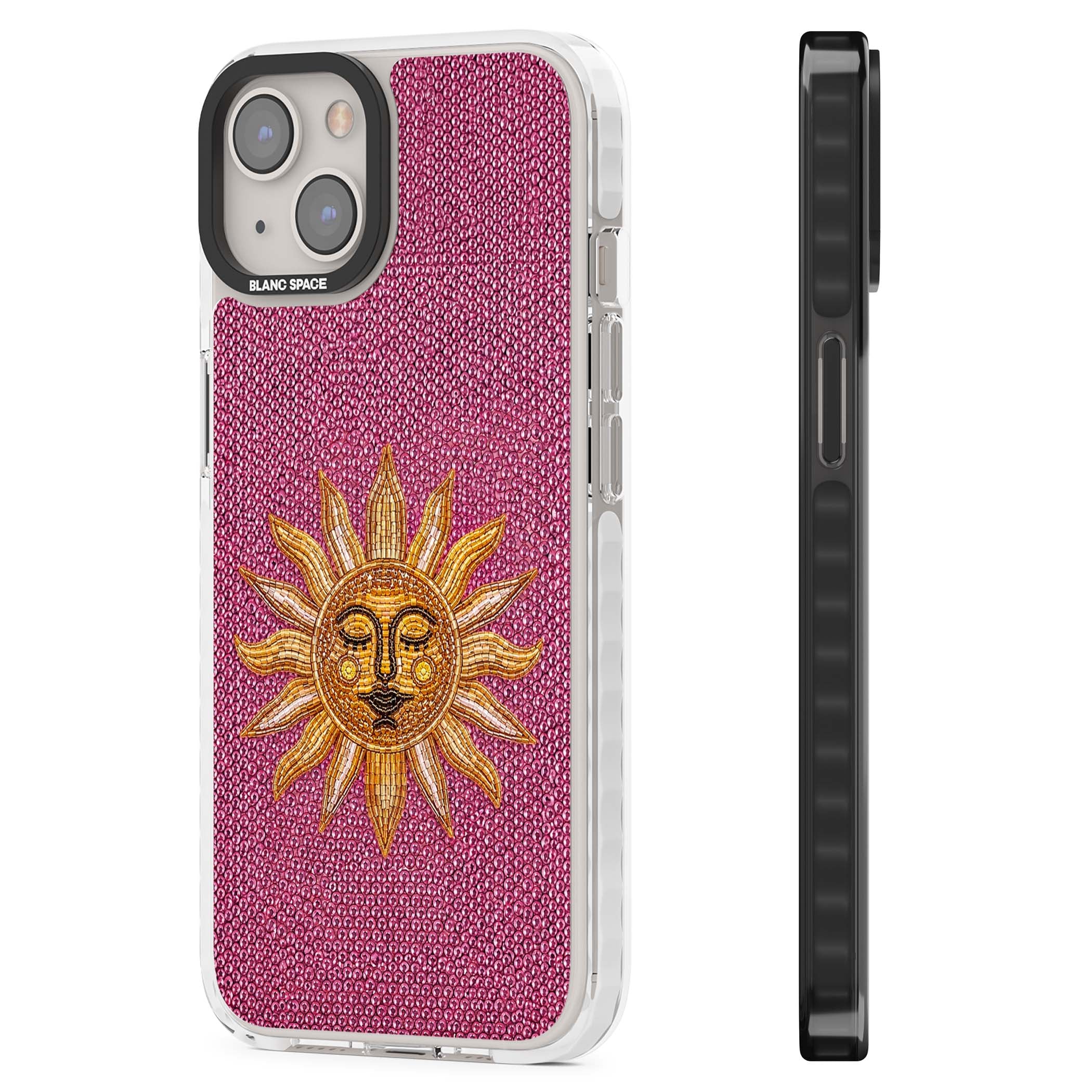 Beaded Sun celestial iPhone case featuring a golden beaded sun face with radiant rays on hot pink beaded background | Impact Magsafe case for iPhone 13, iPhone 14, iPhone 15