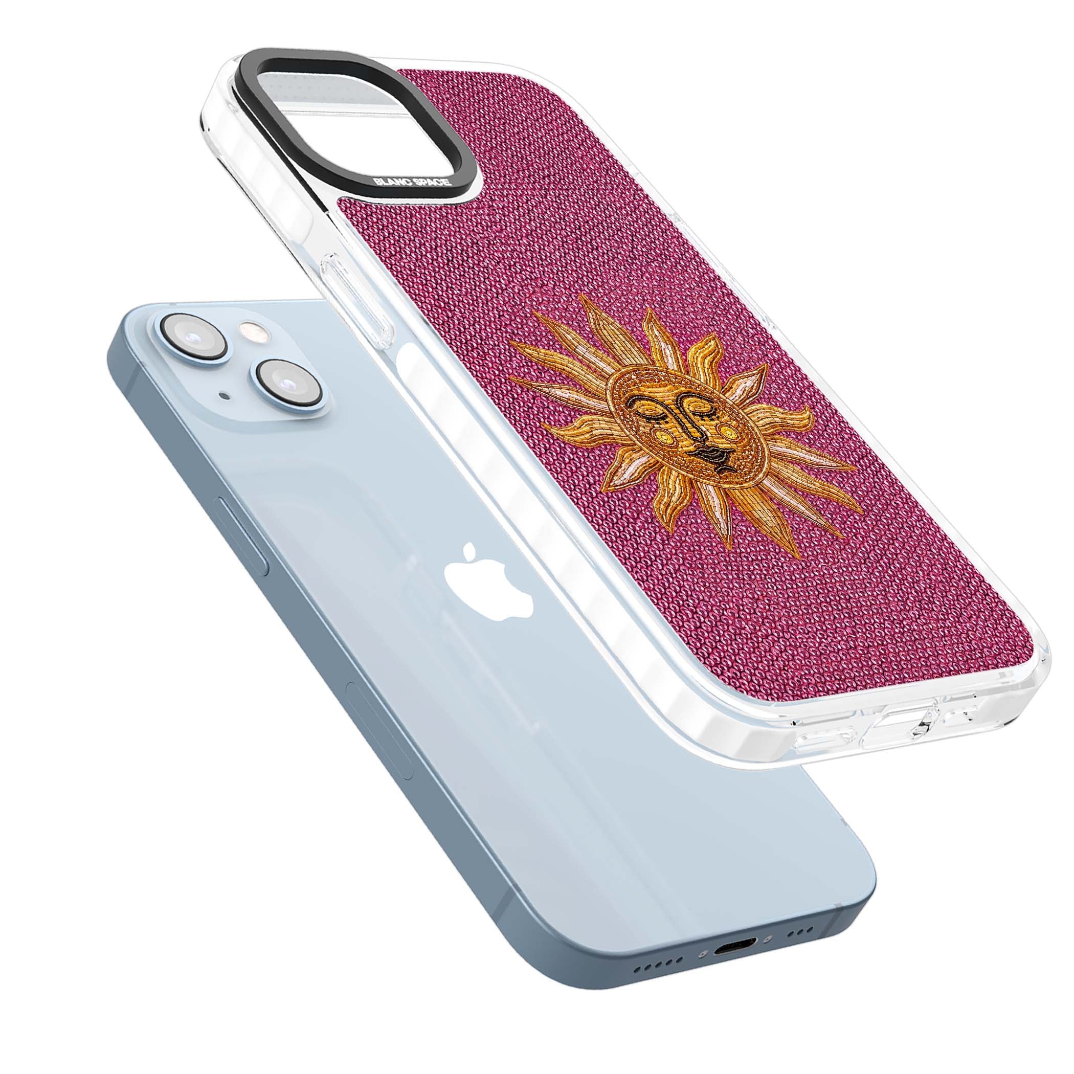 Beaded Sun celestial iPhone case featuring a golden beaded sun face with radiant rays on hot pink beaded background | Impact Magsafe case for iPhone 13, iPhone 14, iPhone 15