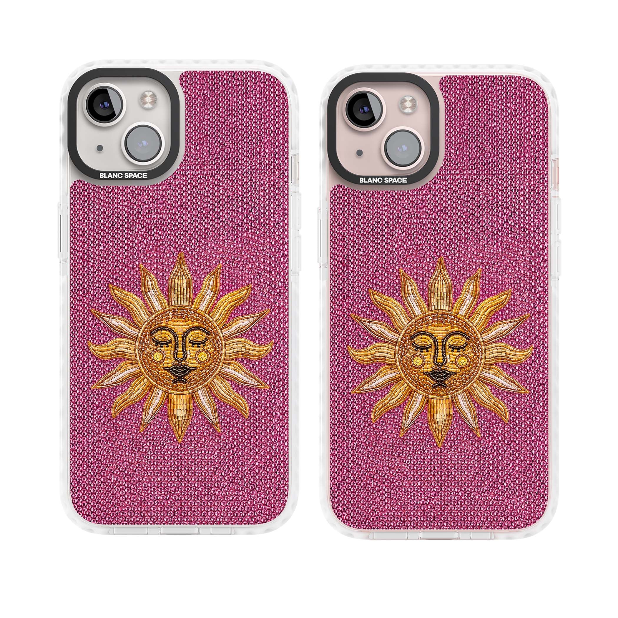 Beaded Sun celestial iPhone case featuring a golden beaded sun face with radiant rays on hot pink beaded background | Impact Magsafe case for iPhone 13, iPhone 14, iPhone 15