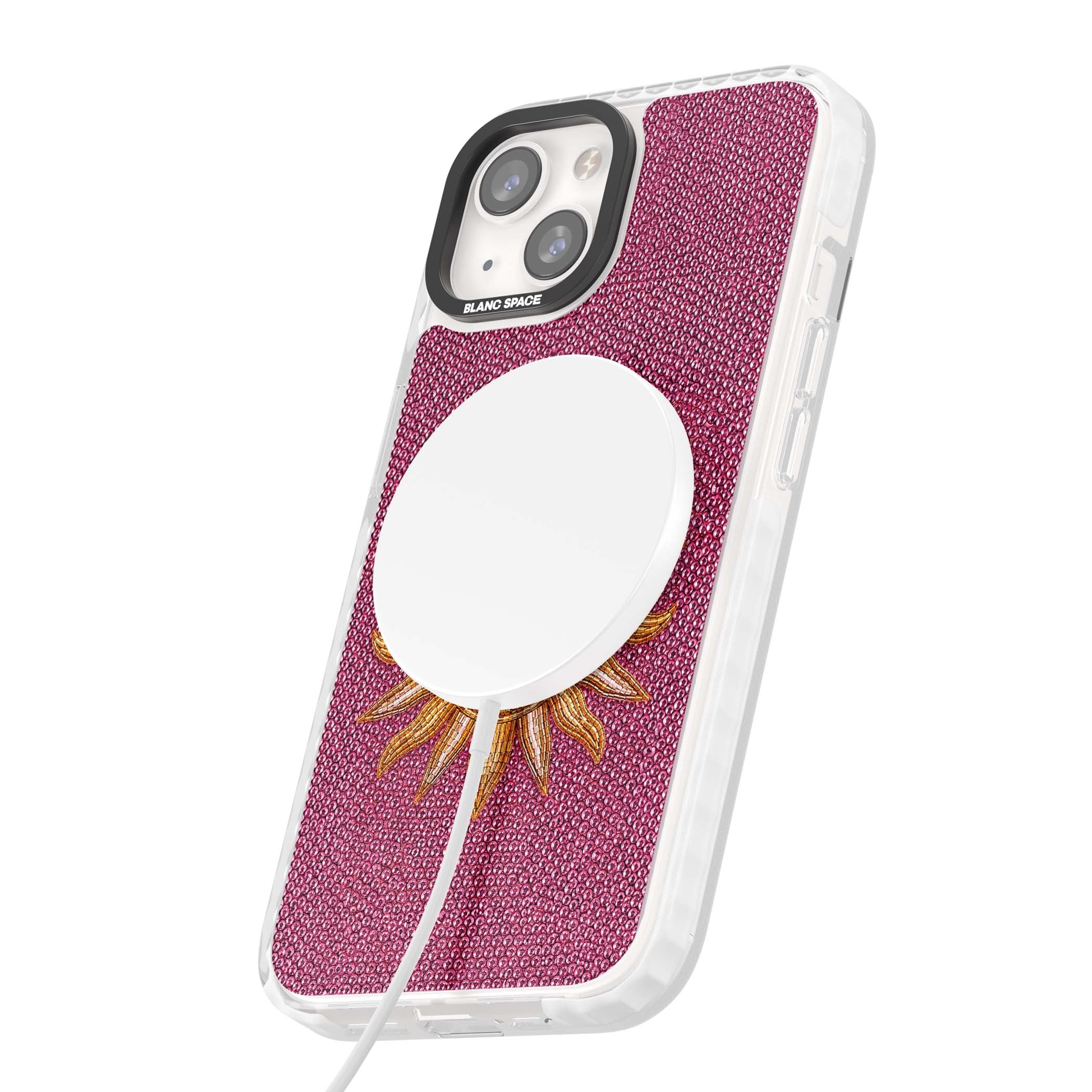 Beaded Sun celestial iPhone case featuring a golden beaded sun face with radiant rays on hot pink beaded background | Impact Magsafe case for iPhone 13, iPhone 14, iPhone 15