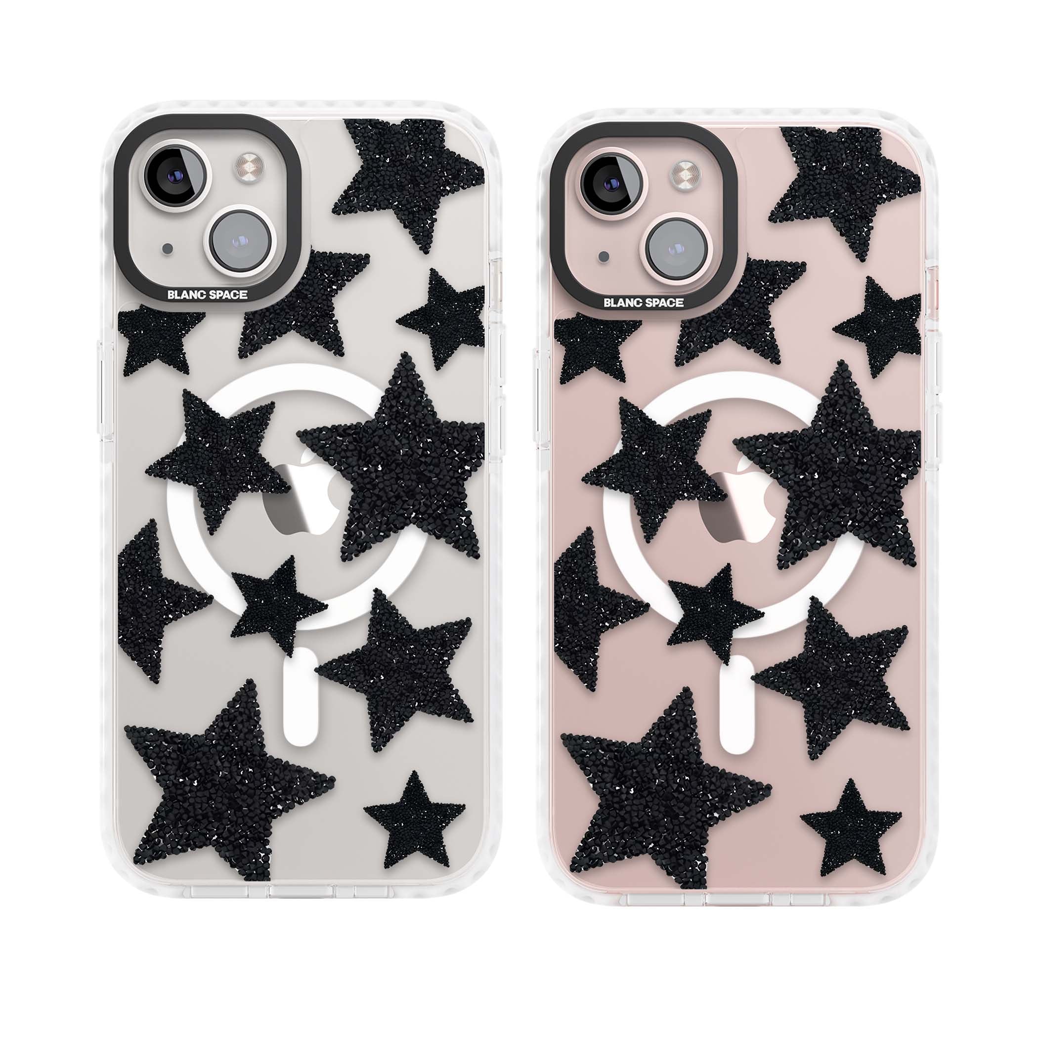 Beaded Black Stars celestial iPhone case featuring black glitter beaded stars scattered on a clear background | Impact Magsafe case for iPhone 13, iPhone 14, iPhone 15