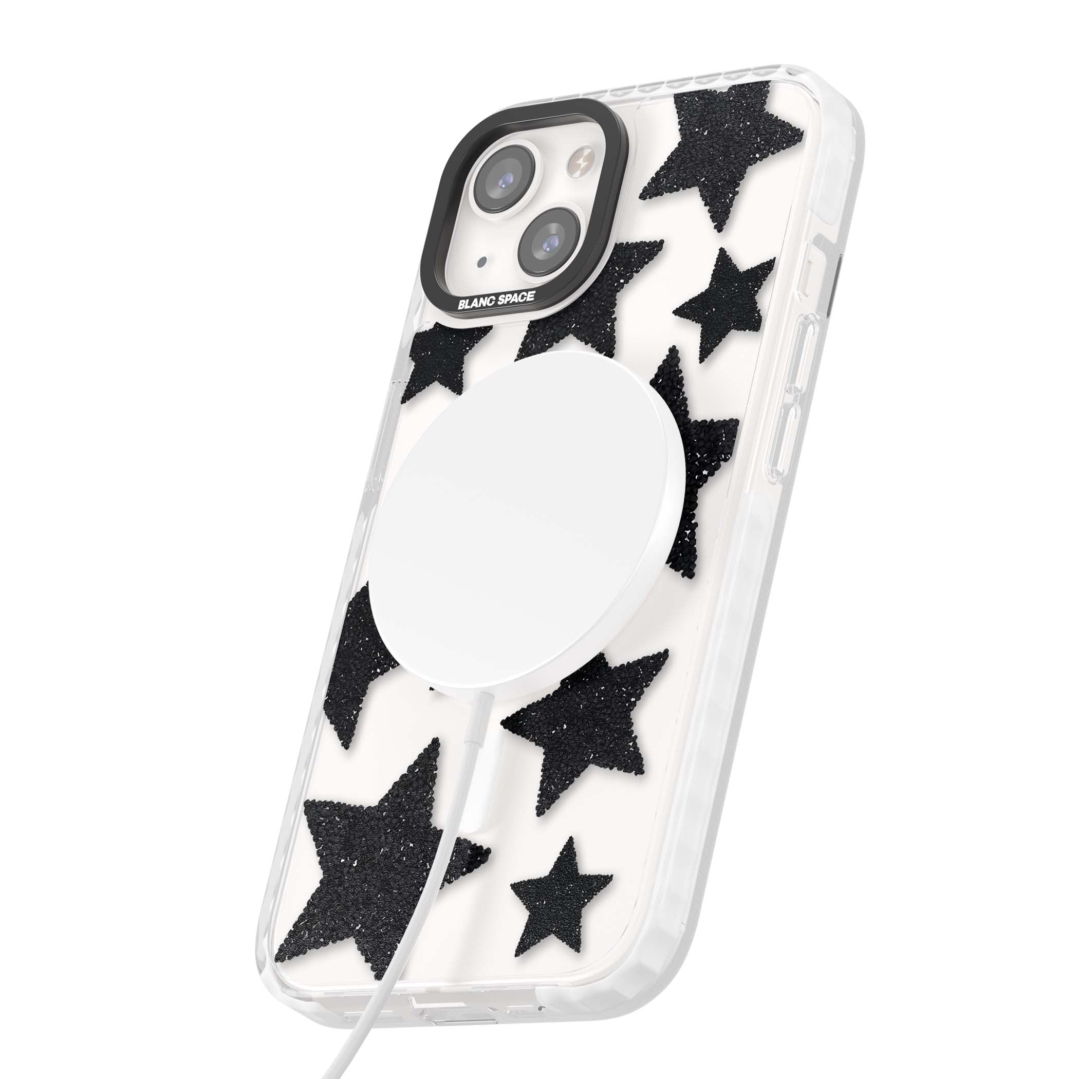 Beaded Black Stars celestial iPhone case featuring black glitter beaded stars scattered on a clear background | Impact Magsafe case for iPhone 13, iPhone 14, iPhone 15