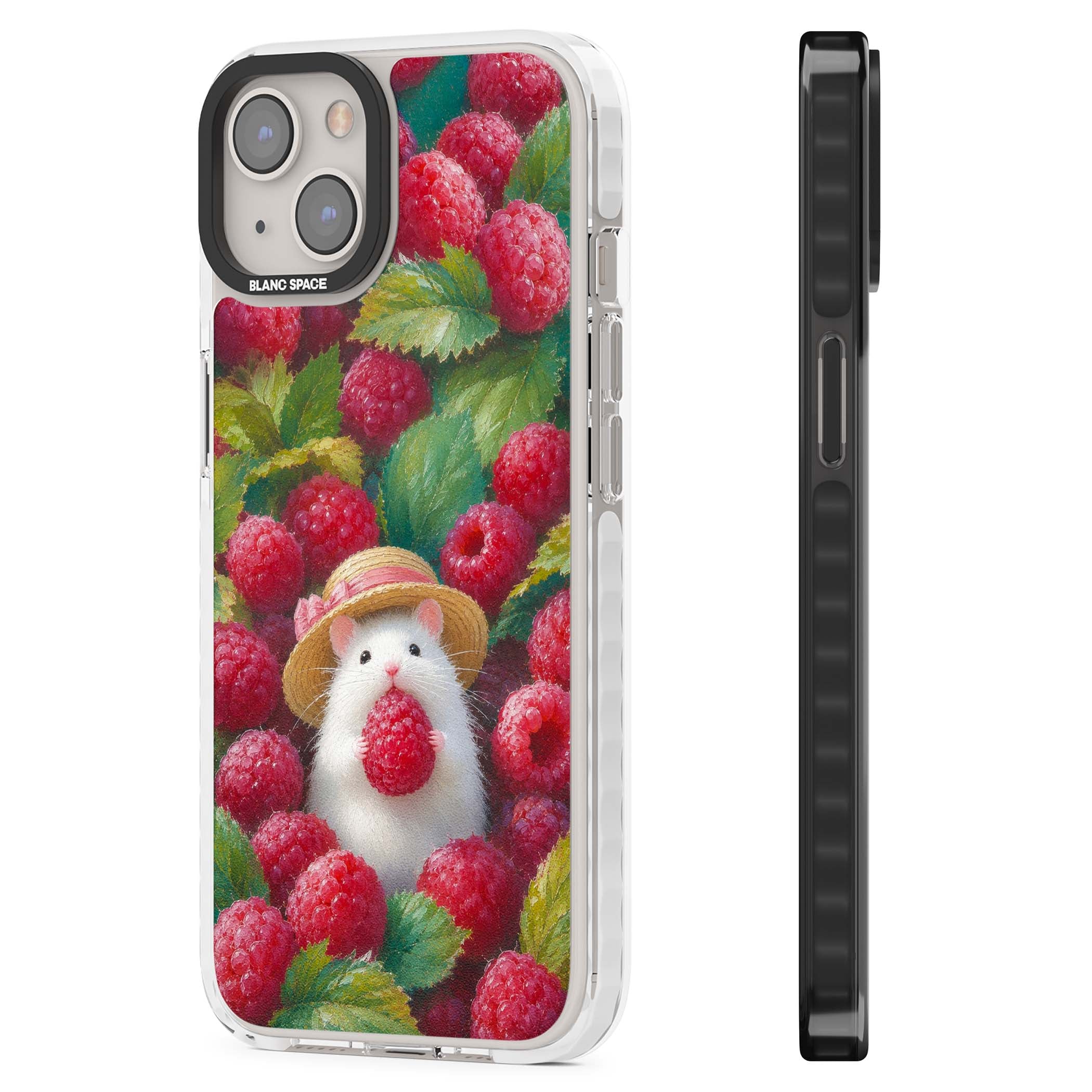 Berry Forager cottagecore iPhone case featuring a white hamster in a straw hat holding a raspberry surrounded by ripe ber | Impact Magsafe case for iPhone 13, iPhone 14, iPhone 15