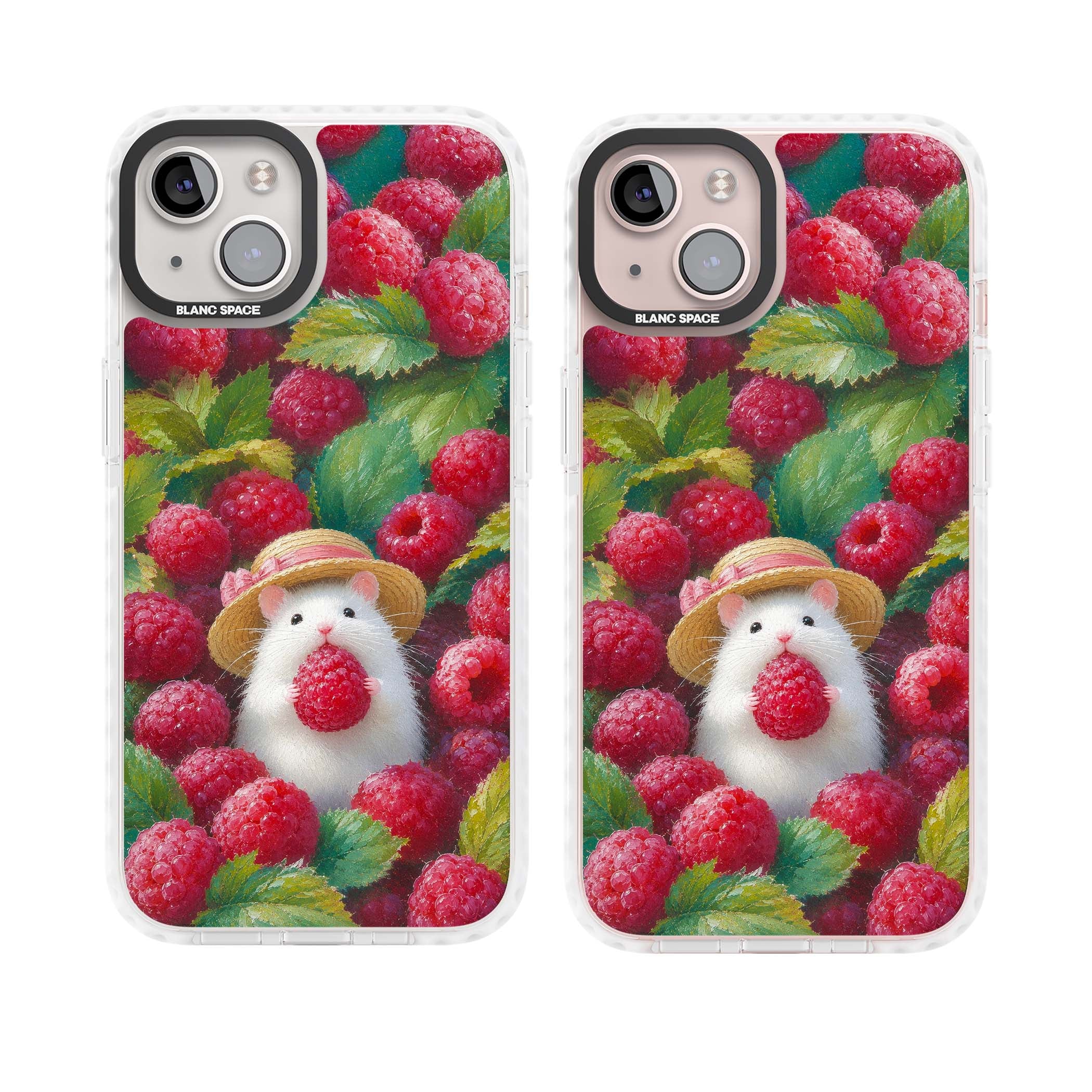 Berry Forager cottagecore iPhone case featuring a white hamster in a straw hat holding a raspberry surrounded by ripe ber | Impact Magsafe case for iPhone 13, iPhone 14, iPhone 15