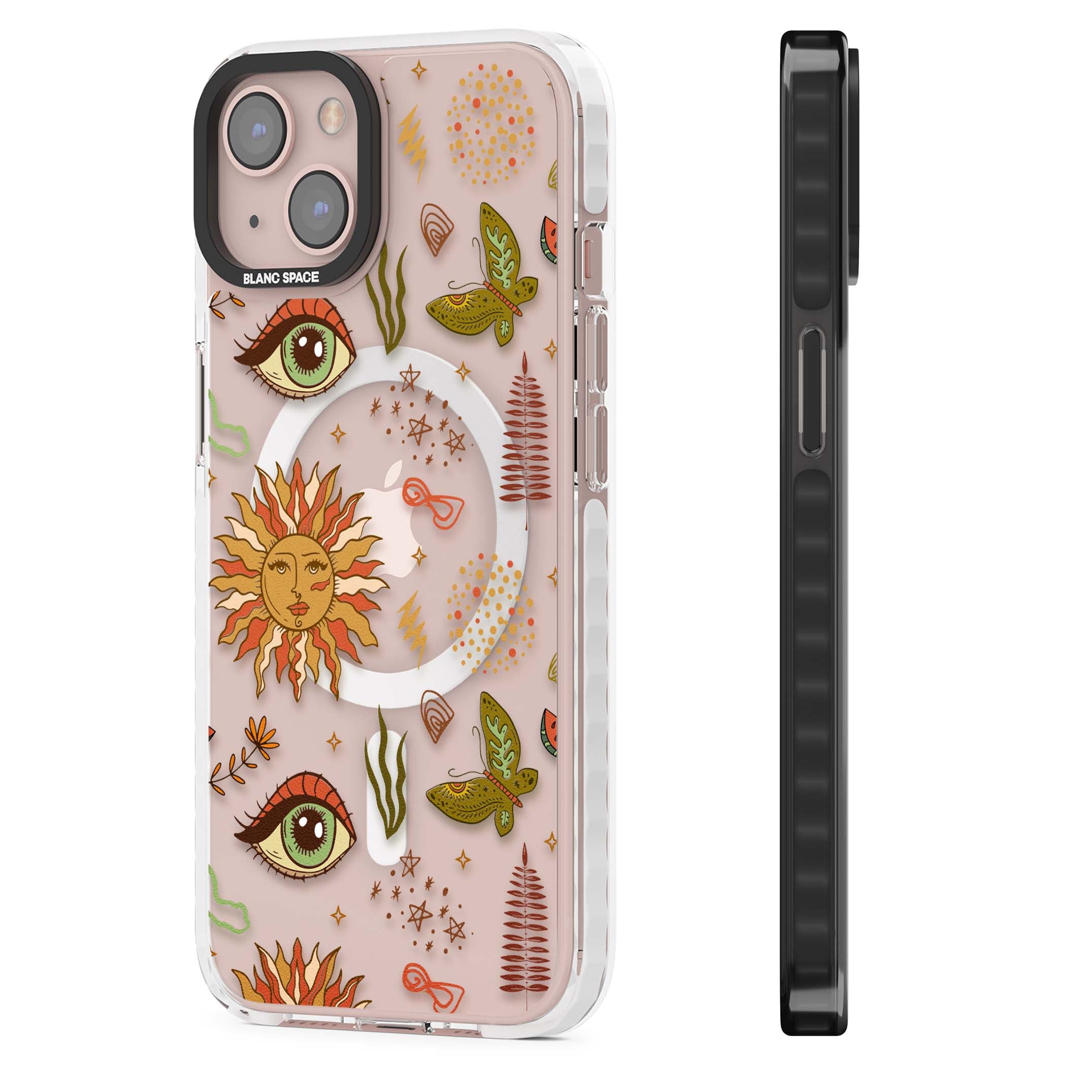 Elevate Your Phone'S Style With This Boho Celestial Sun & Eye Phone Case, Featuring A Mystical Blend Of Suns, All-Seeing Eyes, Butterflies, Stars, And
