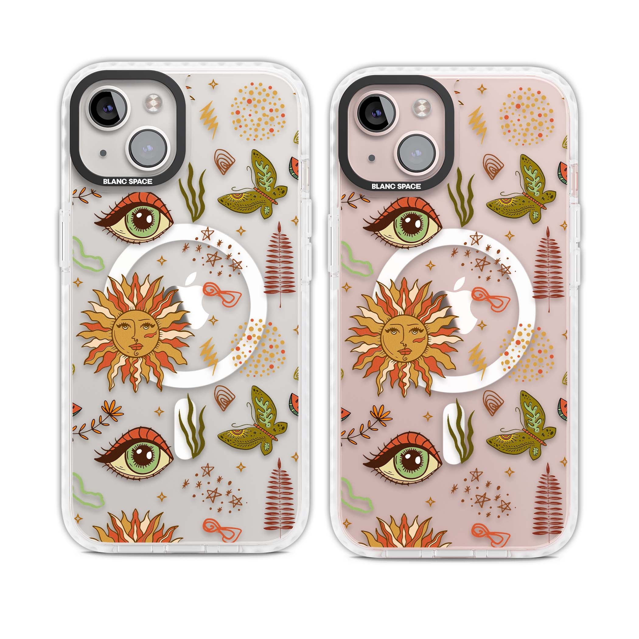 Elevate Your Phone'S Style With This Boho Celestial Sun & Eye Phone Case, Featuring A Mystical Blend Of Suns, All-Seeing Eyes, Butterflies, Stars, And