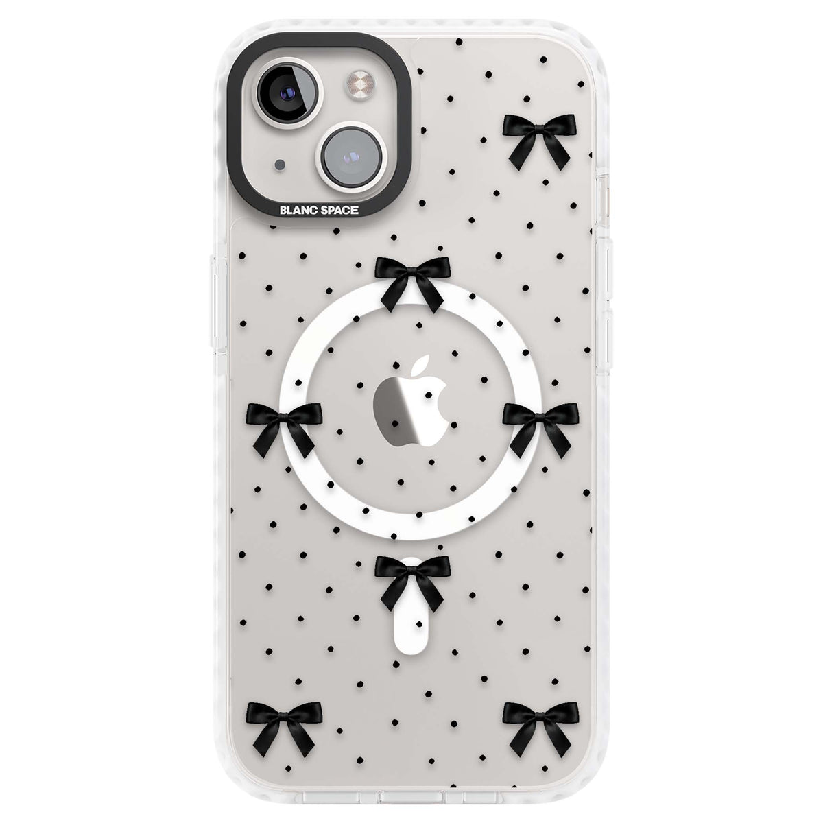 Black Polka Bows coquette iPhone case featuring scattered black satin bows and tiny polka dots on a clear base | Impact Magsafe case for iPhone 13, iPhone 14, iPhone 15