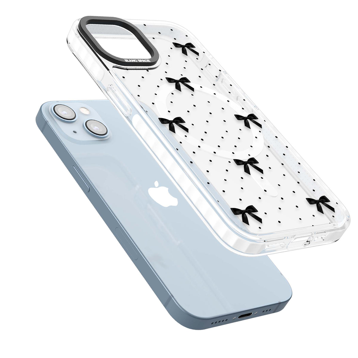 Black Polka Bows coquette iPhone case featuring scattered black satin bows and tiny polka dots on a clear base | Impact Magsafe case for iPhone 13, iPhone 14, iPhone 15