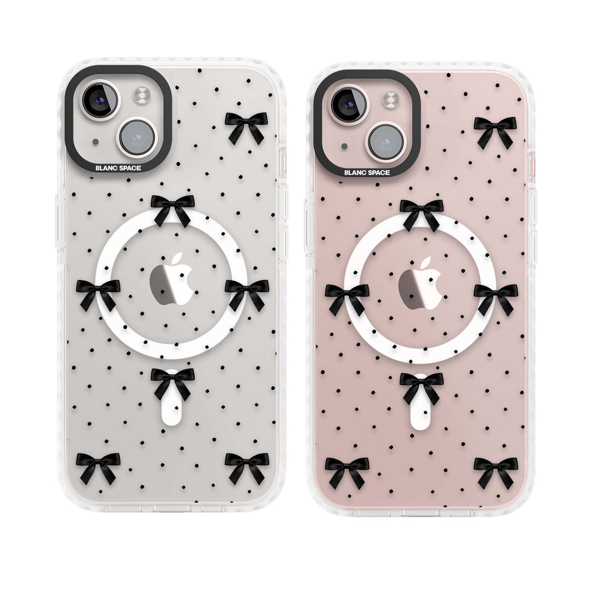 Black Polka Bows coquette iPhone case featuring scattered black satin bows and tiny polka dots on a clear base | Impact Magsafe case for iPhone 13, iPhone 14, iPhone 15