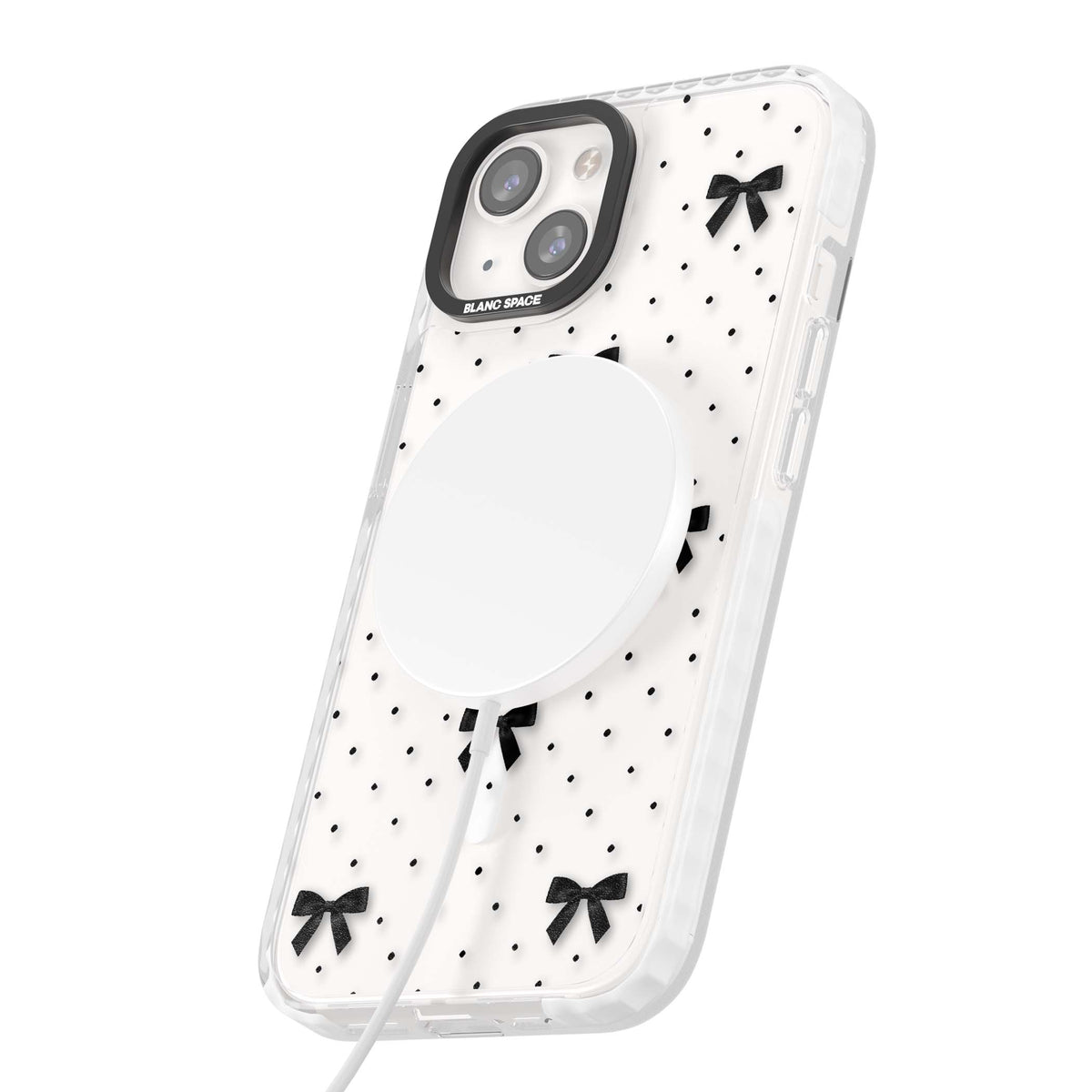 Black Polka Bows coquette iPhone case featuring scattered black satin bows and tiny polka dots on a clear base | Impact Magsafe case for iPhone 13, iPhone 14, iPhone 15
