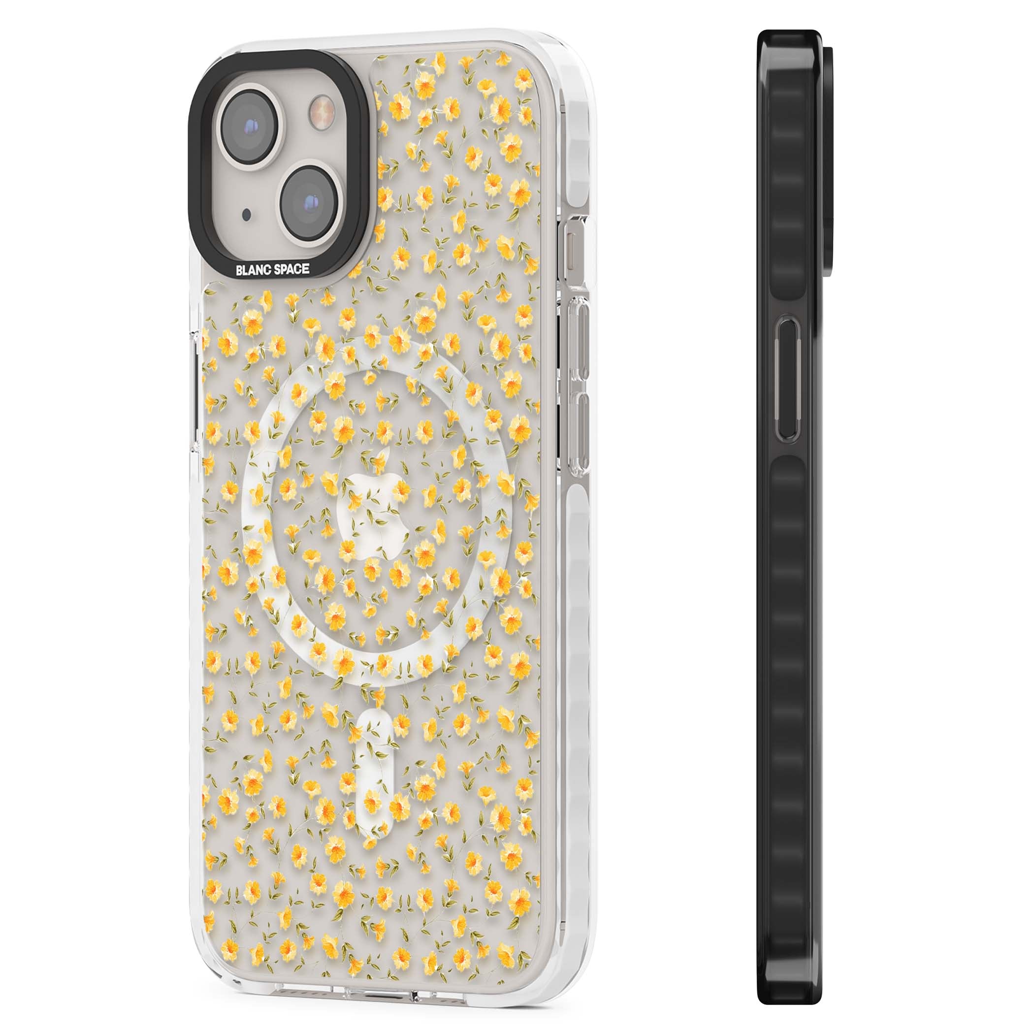 Buttercup wildflower iPhone case featuring tiny yellow flowers and trailing green vines on clear | Impact Magsafe case for iPhone 13, iPhone 14, iPhone 15