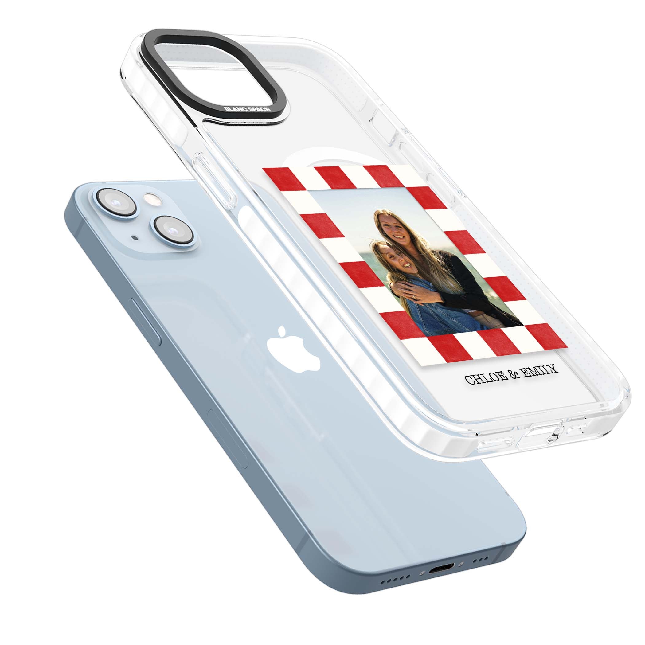 Red Check Photo personalised photo iPhone case with red and white checkered polaroid frame and custom couple name | Impact Magsafe case for iPhone 13, iPhone 14, iPhone 15