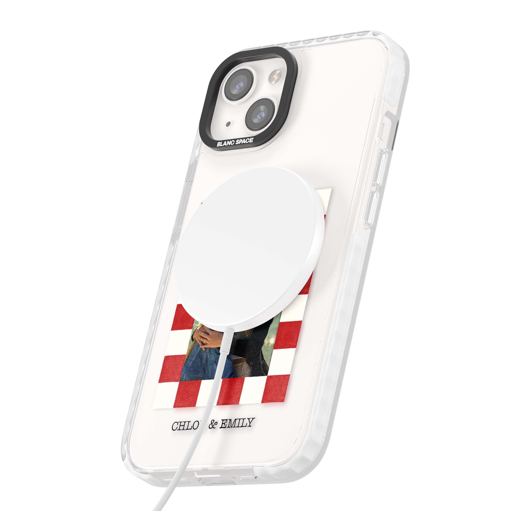 Red Check Photo personalised photo iPhone case with red and white checkered polaroid frame and custom couple name | Impact Magsafe case for iPhone 13, iPhone 14, iPhone 15