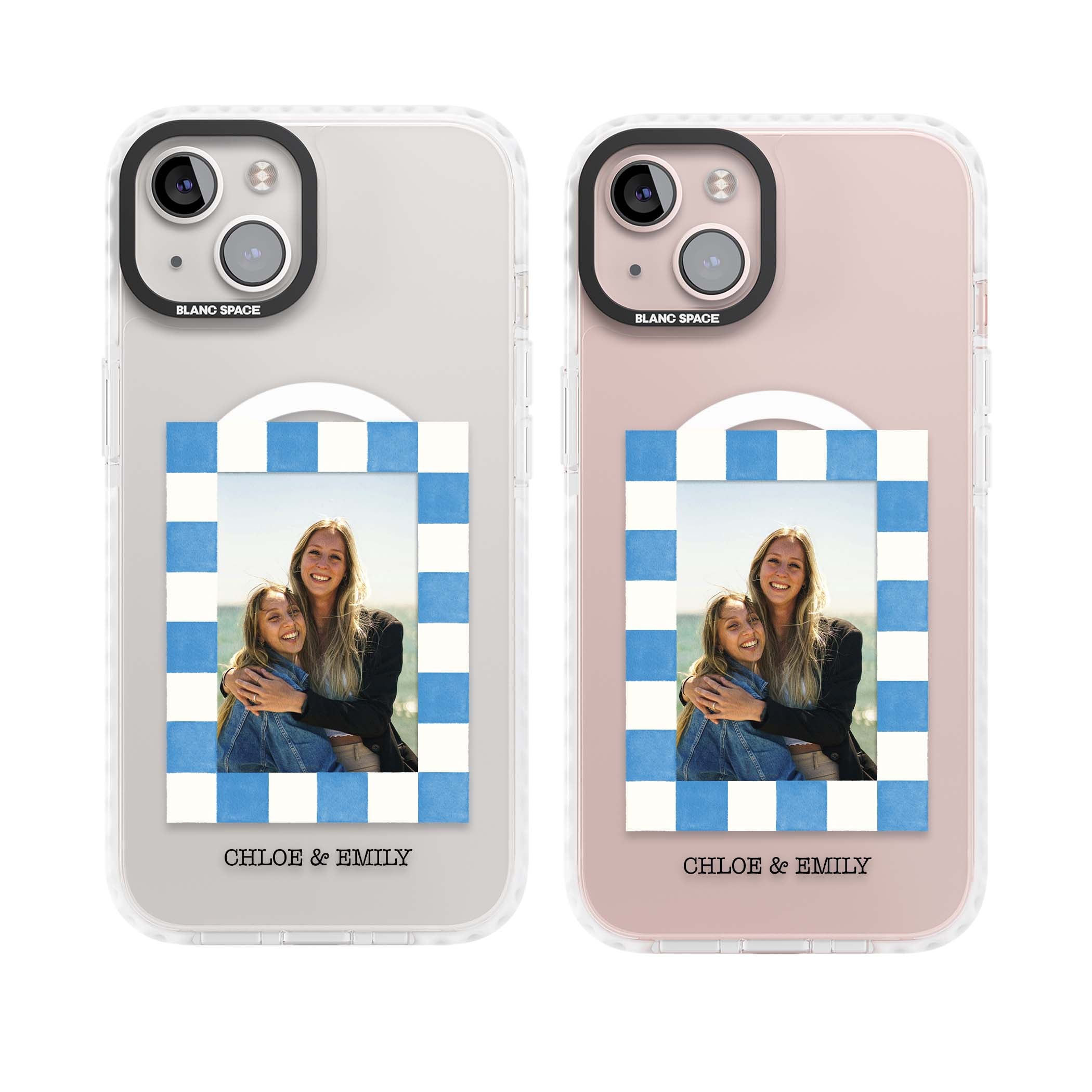 Blue Check Photo personalised photo iPhone case with blue checkered frame and custom couple names | Impact Magsafe case for iPhone 13, iPhone 14, iPhone 15