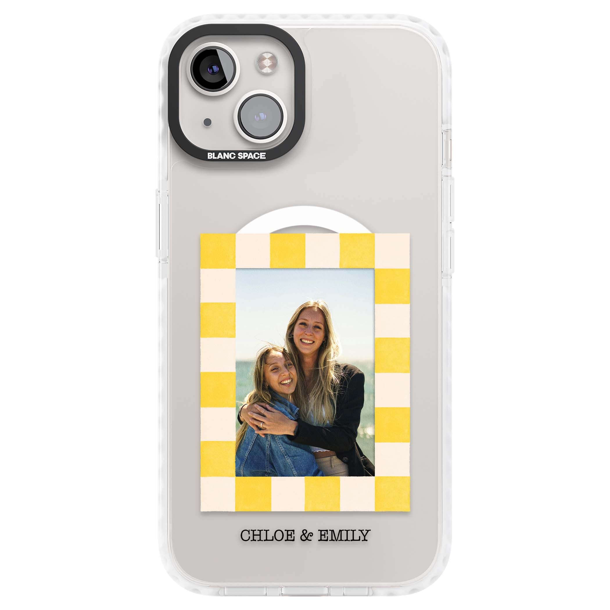 Yellow Check Photo personalised iPhone case with yellow checkered Polaroid frame and custom names beneath | Impact Magsafe case for iPhone 13, iPhone 14, iPhone 15