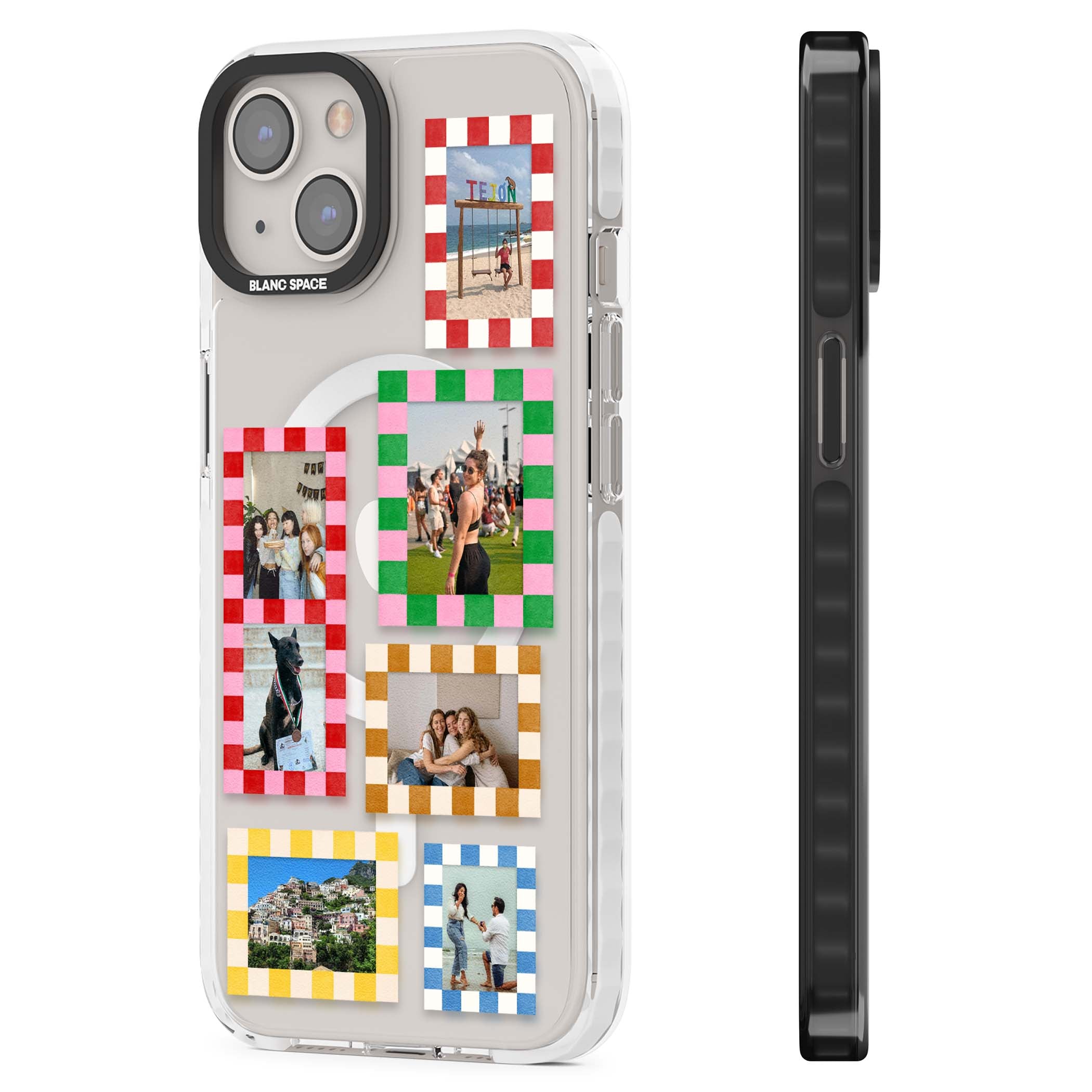 Italian Check Frames custom photo collage iPhone case featuring six checkered photo frames in red, green, pink and  | Impact Magsafe case for iPhone 13, iPhone 14, iPhone 15