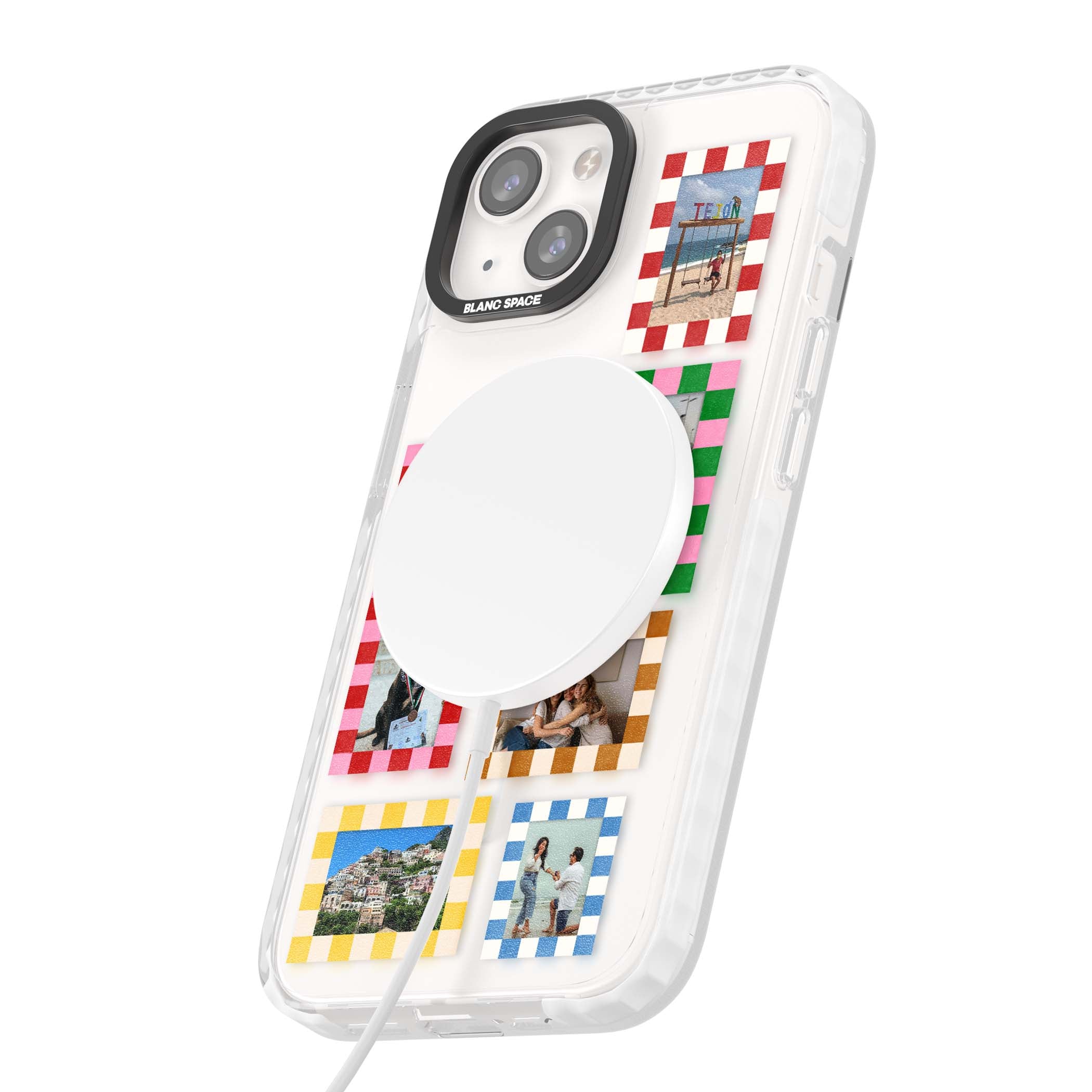 Italian Check Frames custom photo collage iPhone case featuring six checkered photo frames in red, green, pink and  | Impact Magsafe case for iPhone 13, iPhone 14, iPhone 15