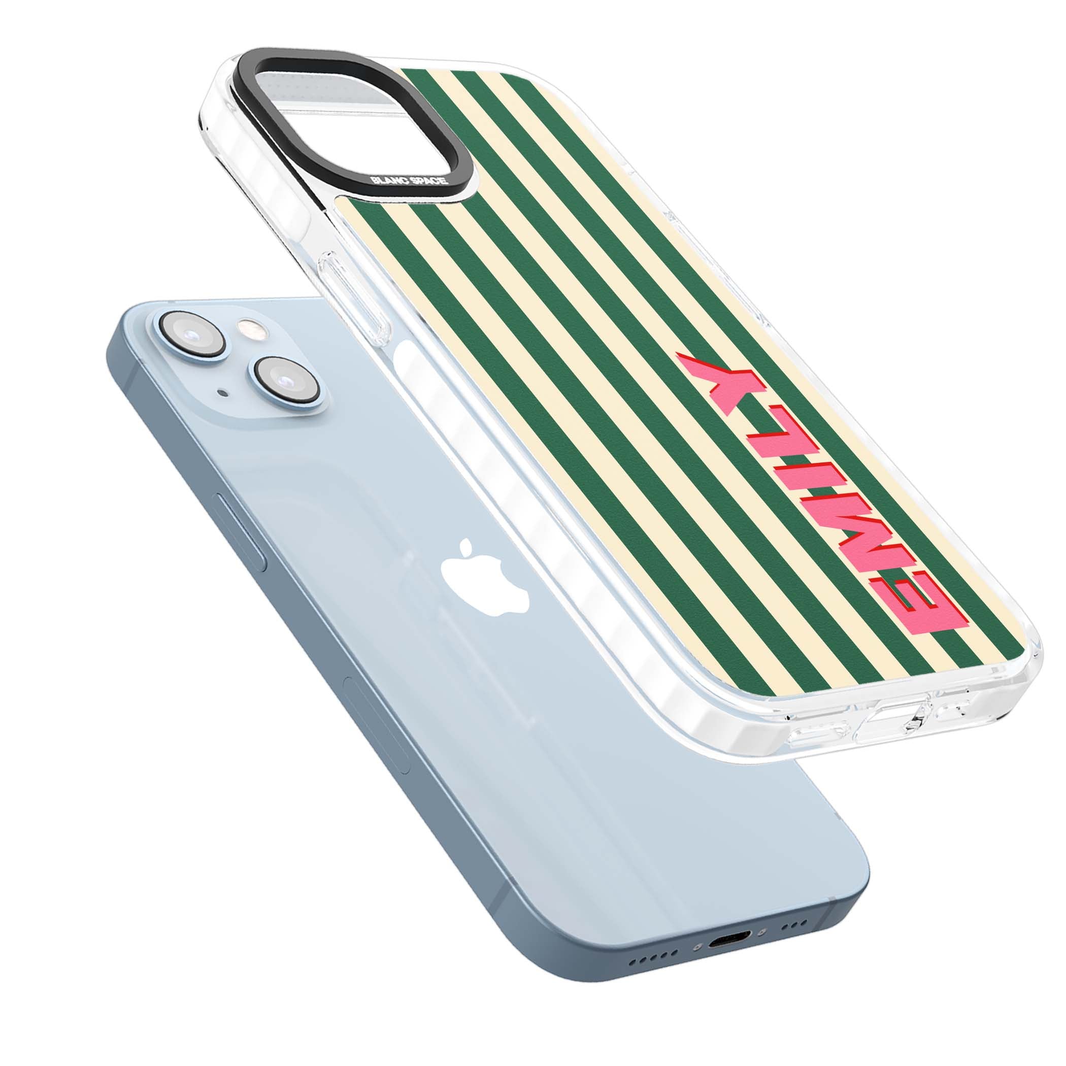 Wimbledon Stripe preppy iPhone case featuring green and cream vertical stripes with a personalised pink name | Impact Magsafe case for iPhone 13, iPhone 14, iPhone 15