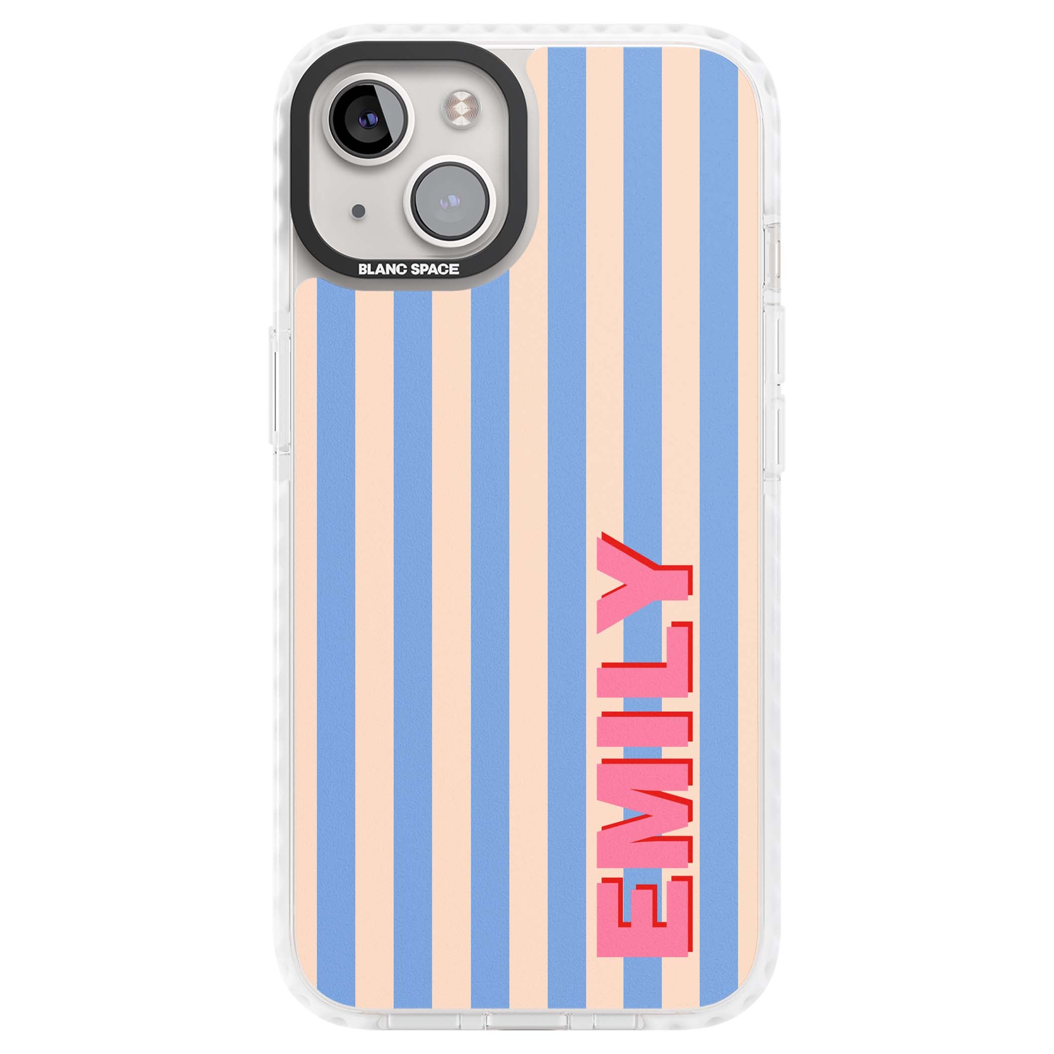 Coastal Stripe personalised coastal iPhone case with blue and peach vertical stripes and custom pink name | Impact Magsafe case for iPhone 13, iPhone 14, iPhone 15