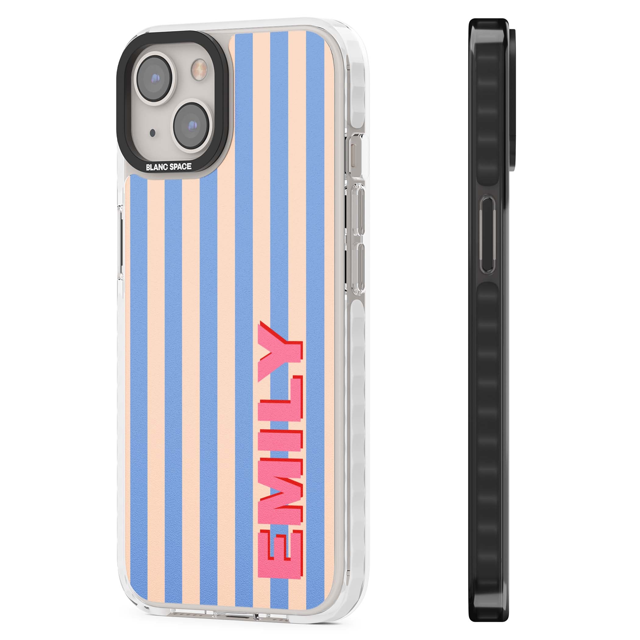 Coastal Stripe personalised coastal iPhone case with blue and peach vertical stripes and custom pink name | Impact Magsafe case for iPhone 13, iPhone 14, iPhone 15