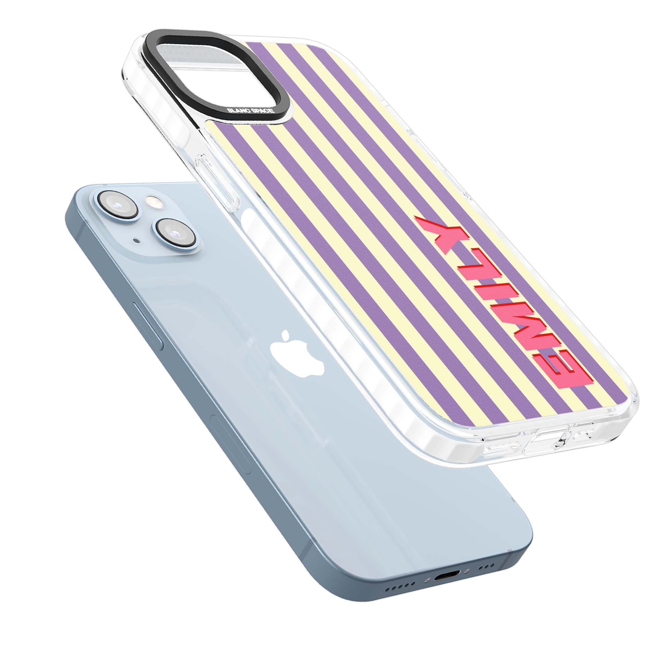 Valensole Stripe personalised iPhone case with purple and cream vertical stripes and pink custom name | Impact Magsafe case for iPhone 13, iPhone 14, iPhone 15