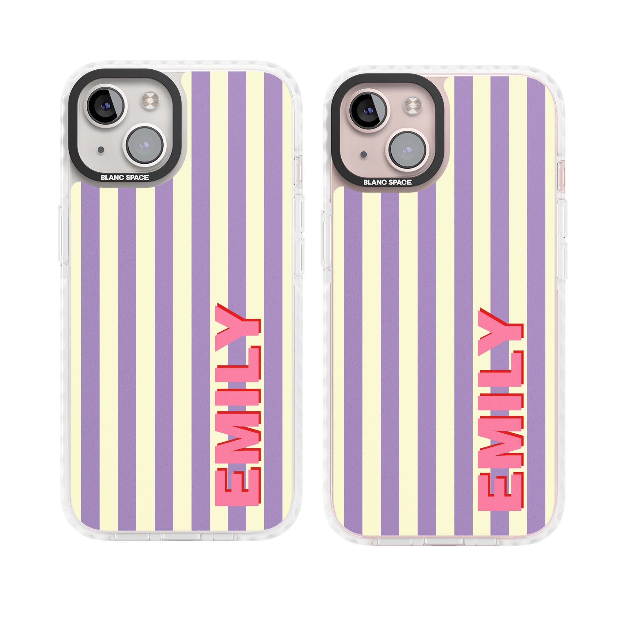 Valensole Stripe personalised iPhone case with purple and cream vertical stripes and pink custom name | Impact Magsafe case for iPhone 13, iPhone 14, iPhone 15