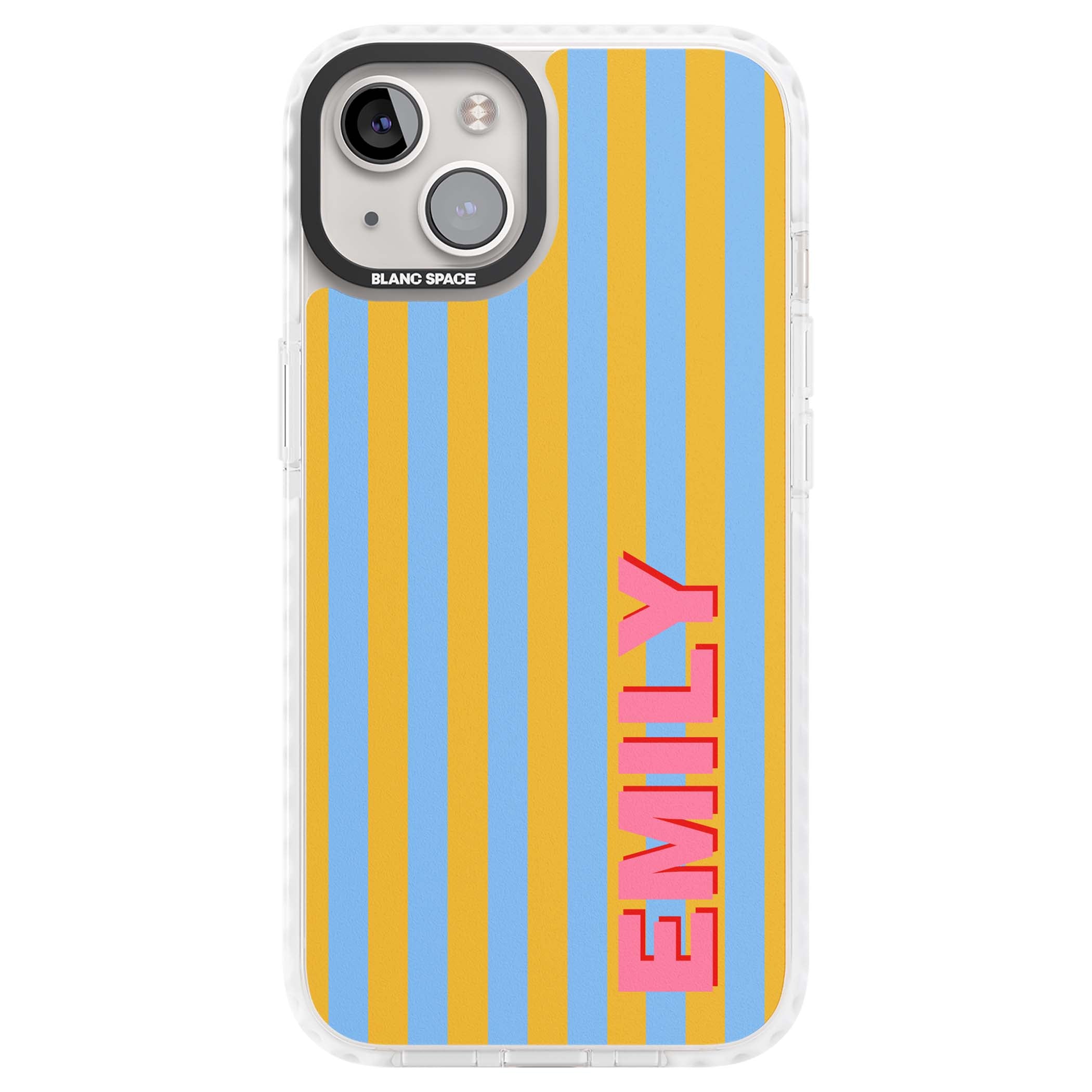 Carribean Stripe personalised coastal iPhone case with yellow and blue vertical stripes and a custom pink name | Impact Magsafe case for iPhone 13, iPhone 14, iPhone 15