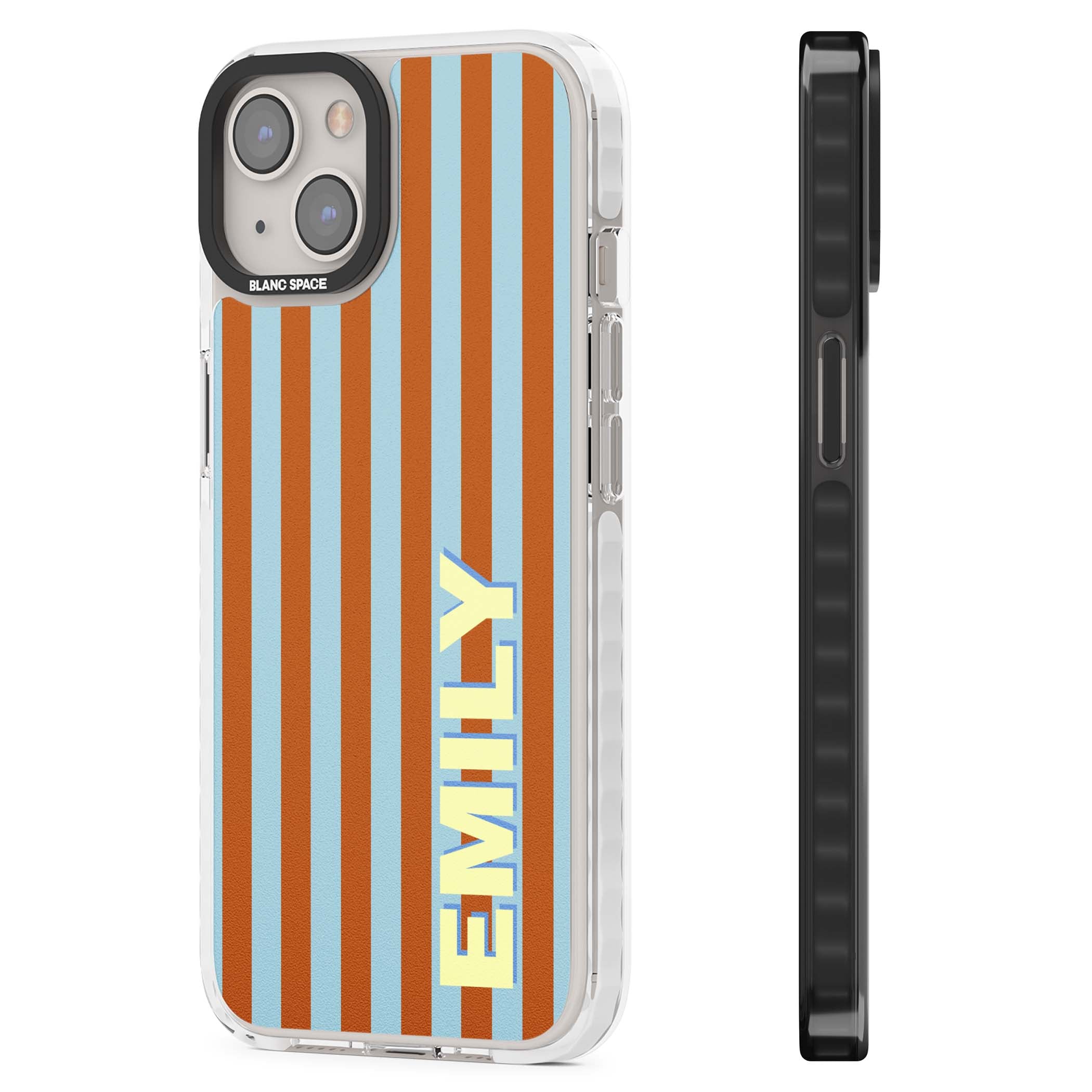 Cappadocia Stripe personalised coastal iPhone case featuring blue and orange vertical stripes with custom cream name | Impact Magsafe case for iPhone 13, iPhone 14, iPhone 15