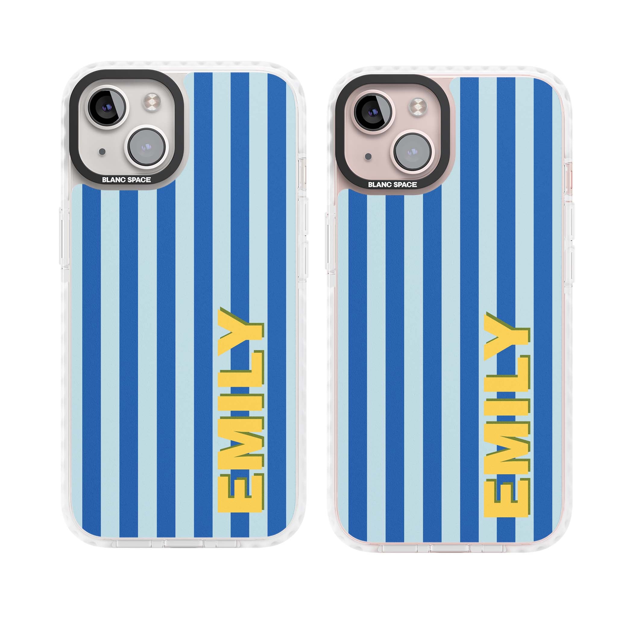 Athenian Stripe personalised preppy iPhone case featuring blue vertical stripes and a custom yellow name | Impact Magsafe case for iPhone 13, iPhone 14, iPhone 15