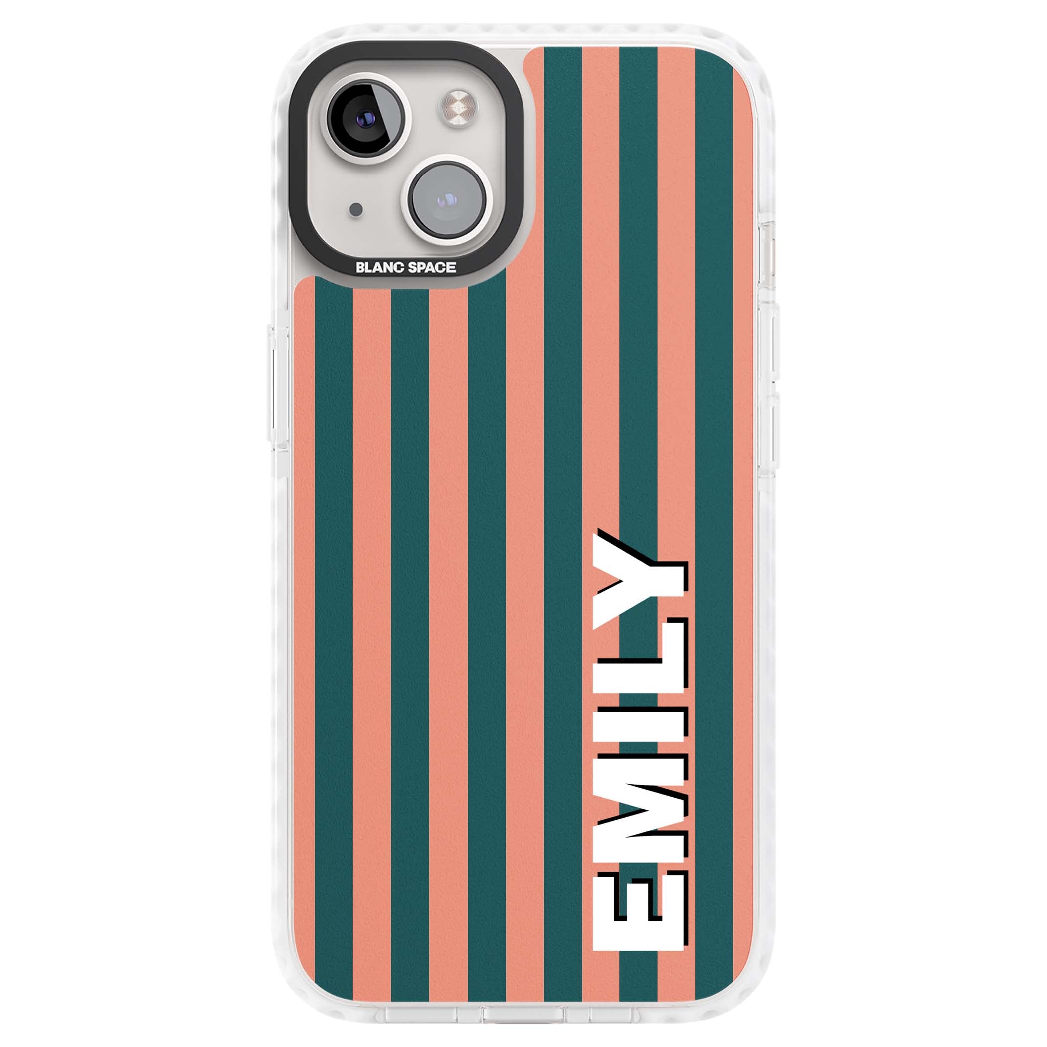 Tuscan Stripe personalised iPhone case featuring coral and green vertical stripes with bold custom name | Impact Magsafe case for iPhone 13, iPhone 14, iPhone 15