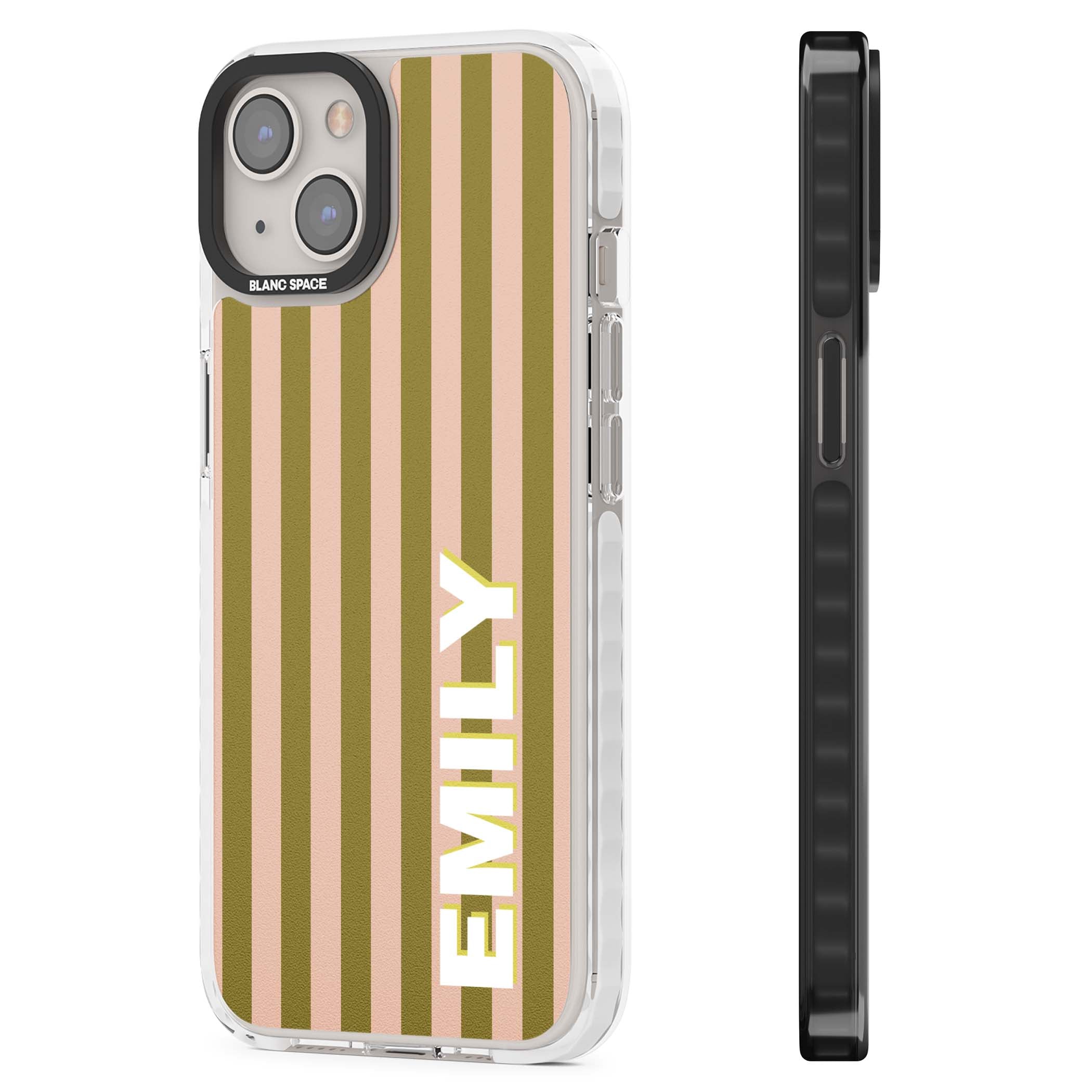 Indian Stripe personalised iPhone case featuring olive green and blush pink vertical stripes with custom name in whit | Impact Magsafe case for iPhone 13, iPhone 14, iPhone 15