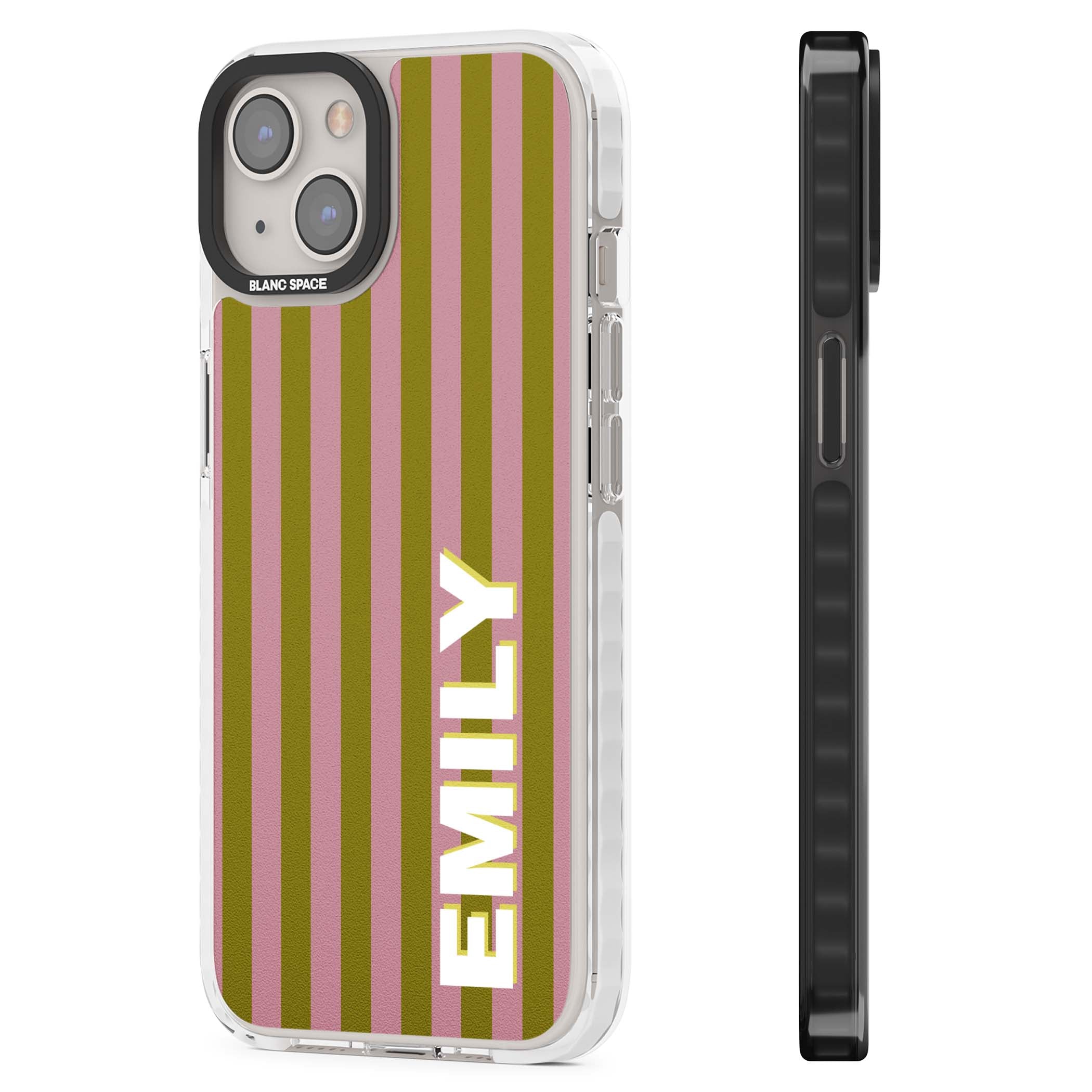 Istanbul Stripe personalised iPhone case featuring pink and olive green vertical stripes with a custom vertical name | Impact Magsafe case for iPhone 13, iPhone 14, iPhone 15