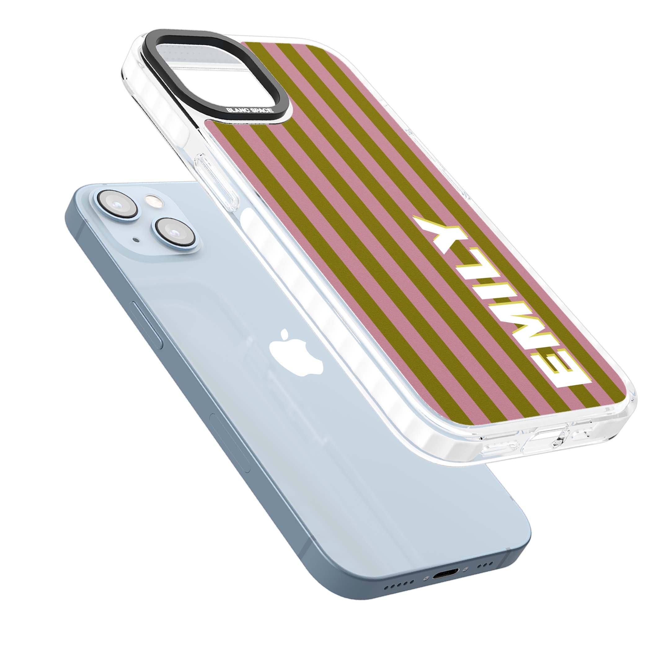 Istanbul Stripe personalised iPhone case featuring pink and olive green vertical stripes with a custom vertical name | Impact Magsafe case for iPhone 13, iPhone 14, iPhone 15