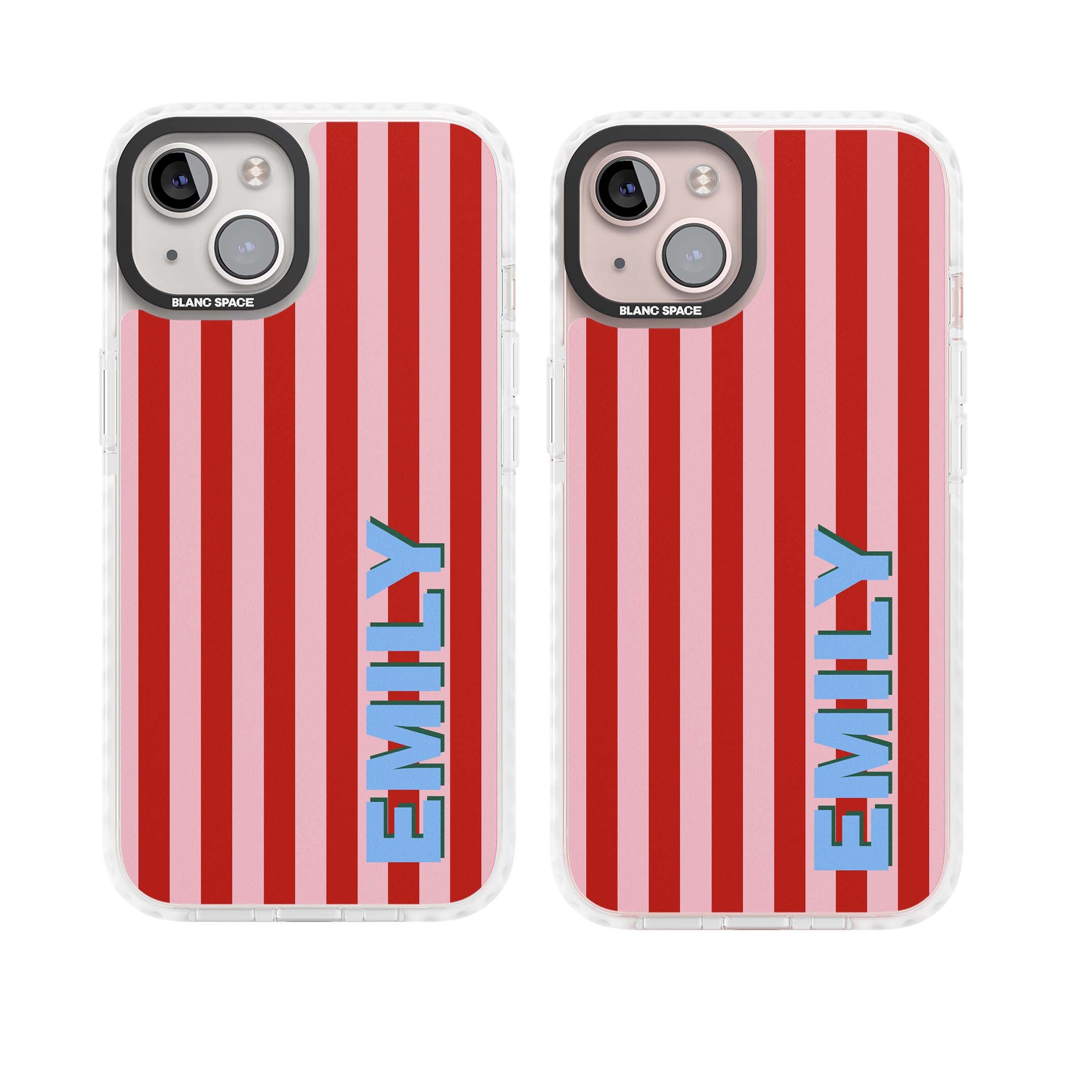 Market Stripe personalised iPhone case with red and pink vertical stripes and custom blue name | Impact Magsafe case for iPhone 13, iPhone 14, iPhone 15