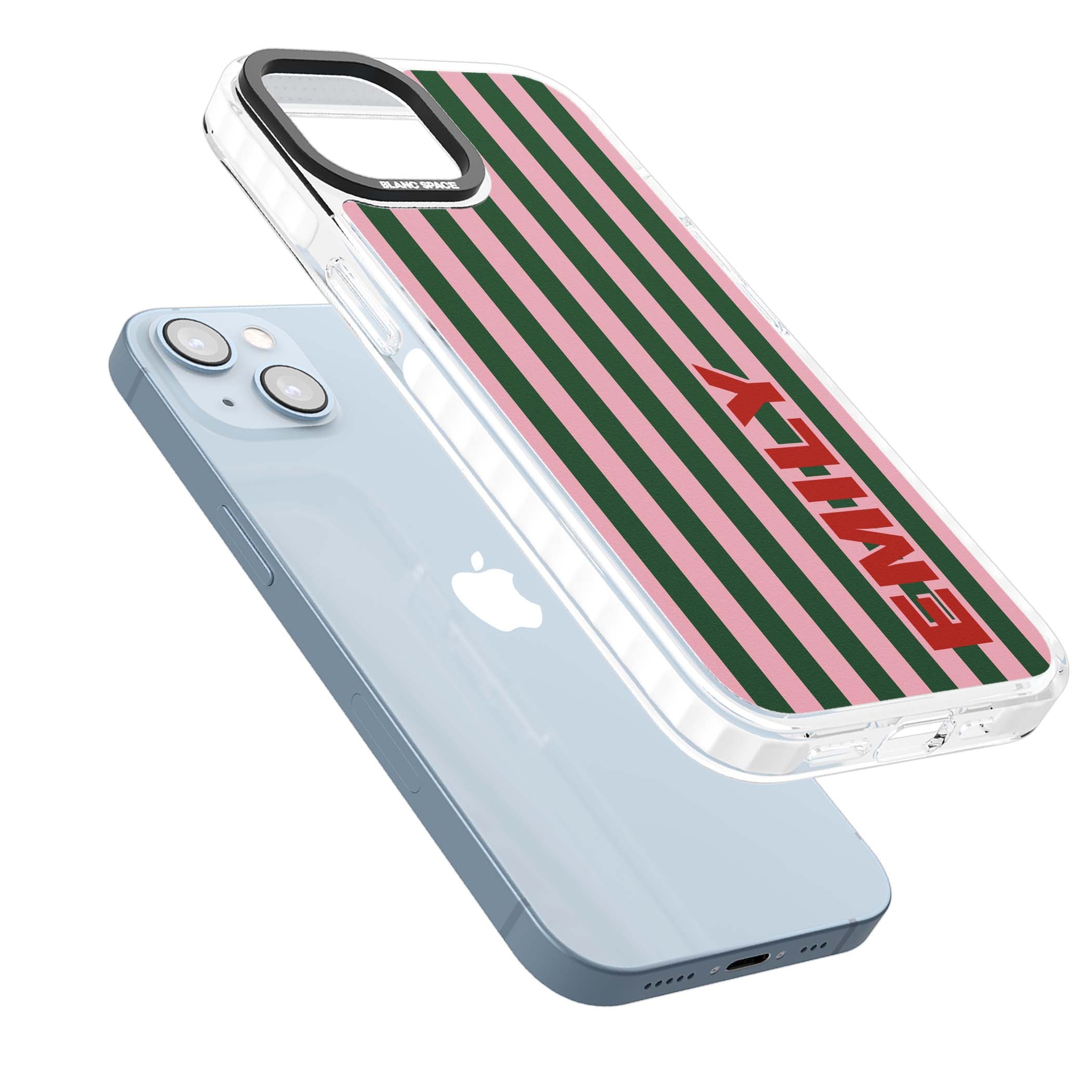 Italian Stripe preppy iPhone case featuring pink and green vertical stripes with personalised red name | Impact Magsafe case for iPhone 13, iPhone 14, iPhone 15