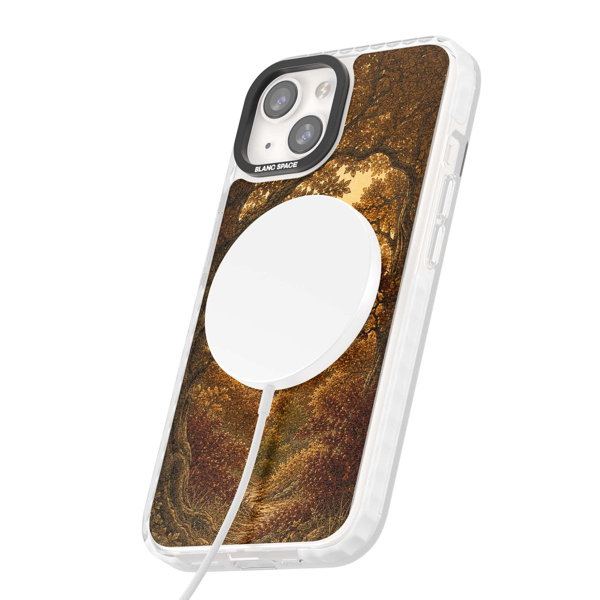 Autumn Keep cottagecore iPhone case featuring a medieval castle tower framed by golden autumn trees and woodland foliage | Impact Magsafe case for iPhone 13, iPhone 14, iPhone 15