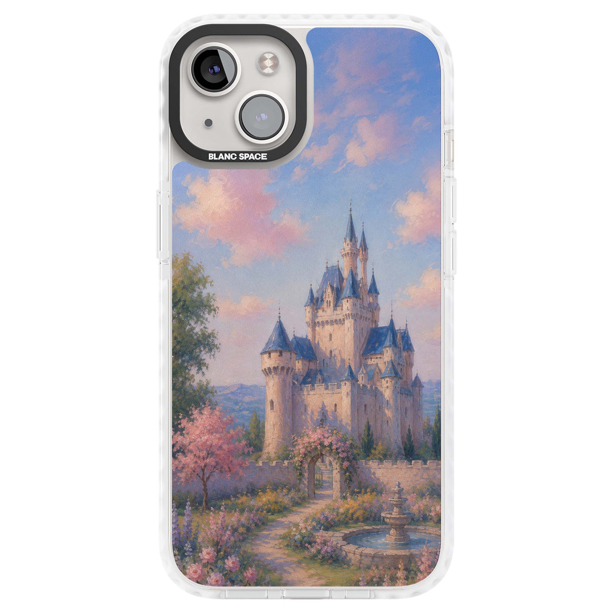 Enchanted Kingdom fairytale iPhone case featuring a romantic castle painting with cherry blossoms and pastel pink sky | Impact Magsafe case for iPhone 13, iPhone 14, iPhone 15