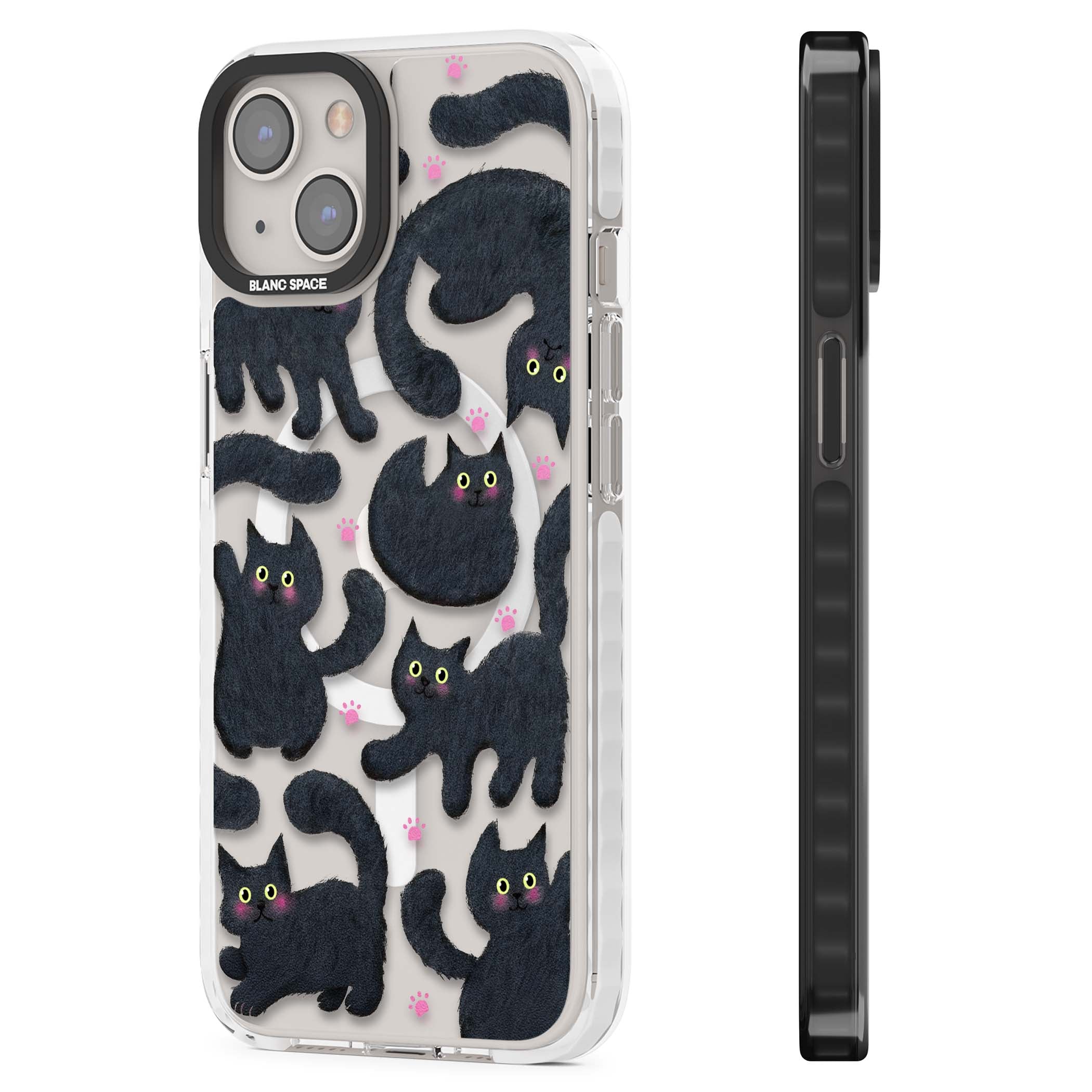 Midnight Cats cute iPhone case featuring black cat pattern with yellow eyes and pink paw prints | Impact Magsafe case for iPhone 13, iPhone 14, iPhone 15