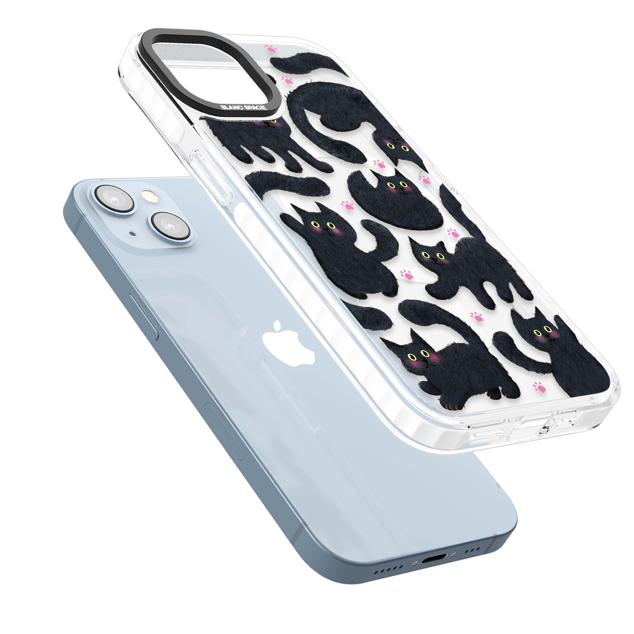 Midnight Cats cute iPhone case featuring black cat pattern with yellow eyes and pink paw prints | Impact Magsafe case for iPhone 13, iPhone 14, iPhone 15