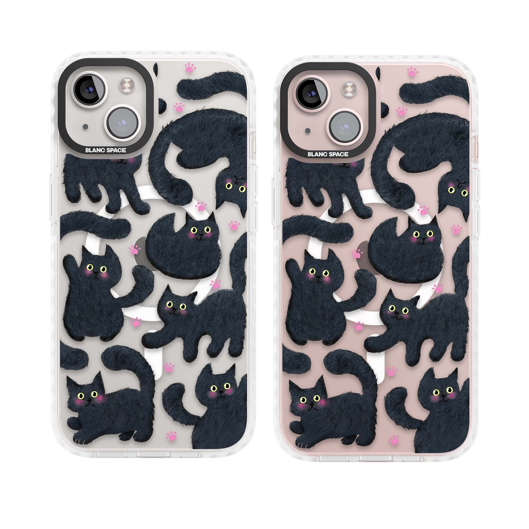 Midnight Cats cute iPhone case featuring black cat pattern with yellow eyes and pink paw prints | Impact Magsafe case for iPhone 13, iPhone 14, iPhone 15