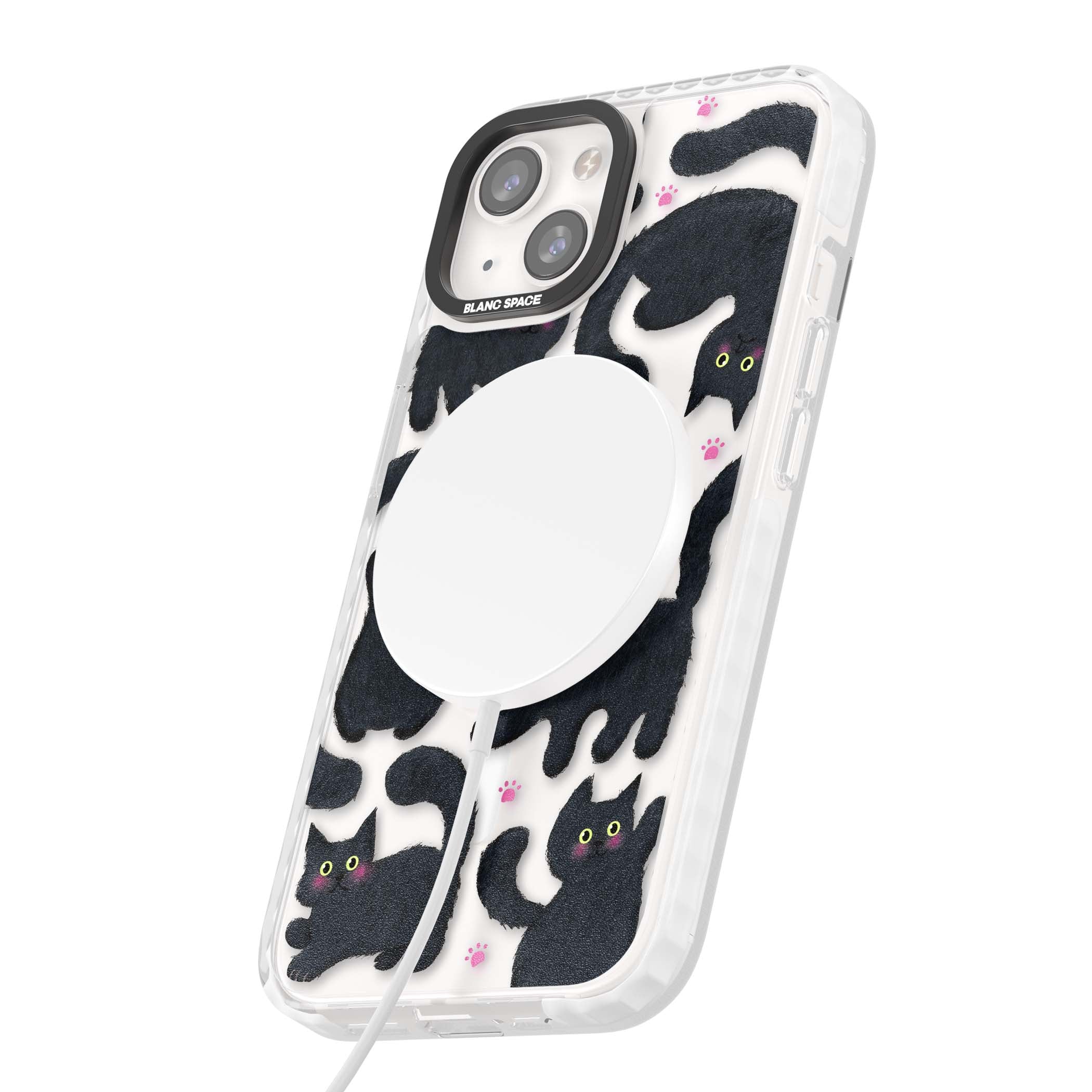 Midnight Cats cute iPhone case featuring black cat pattern with yellow eyes and pink paw prints | Impact Magsafe case for iPhone 13, iPhone 14, iPhone 15