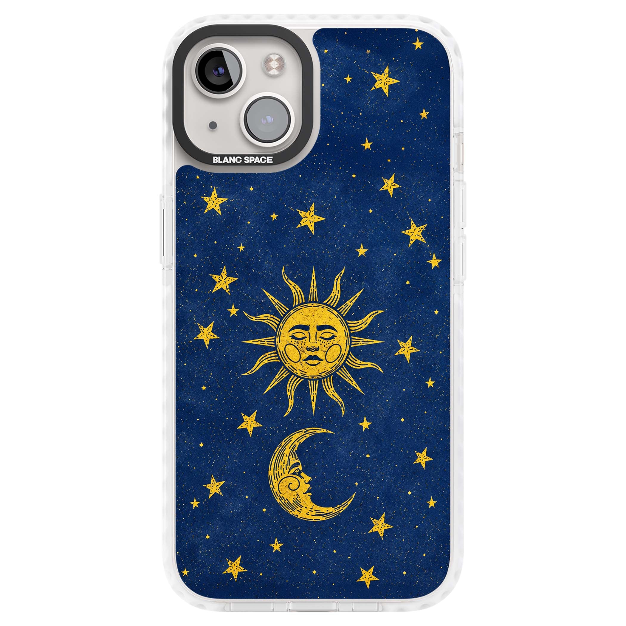Sun & Moon Reverie celestial iPhone case featuring a vintage golden sun, crescent moon and scattered stars on midnight blue | Impact Magsafe case for iPhone 13, iPhone 14, iPhone 15