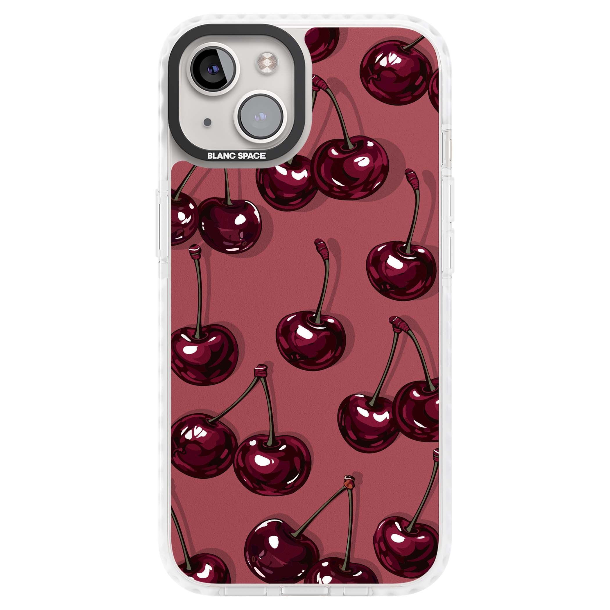 Cherry Rebel coquette iPhone case featuring glossy burgundy cherries on a dusty rose background | Impact Magsafe case for iPhone 13, iPhone 14, iPhone 15
