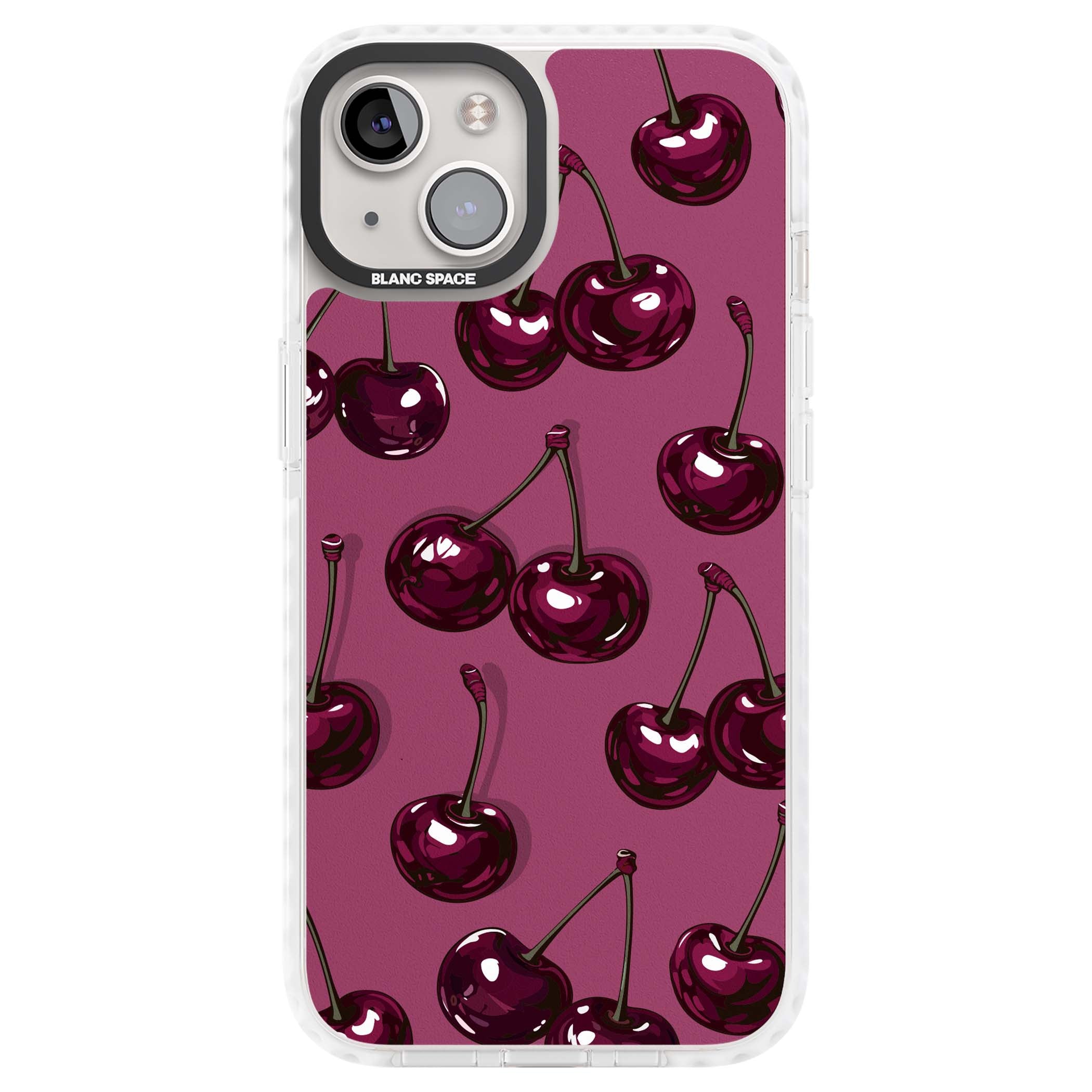 Cherry Soda coquette iPhone case featuring glossy burgundy cherries on a dusty pink background | Impact Magsafe case for iPhone 13, iPhone 14, iPhone 15